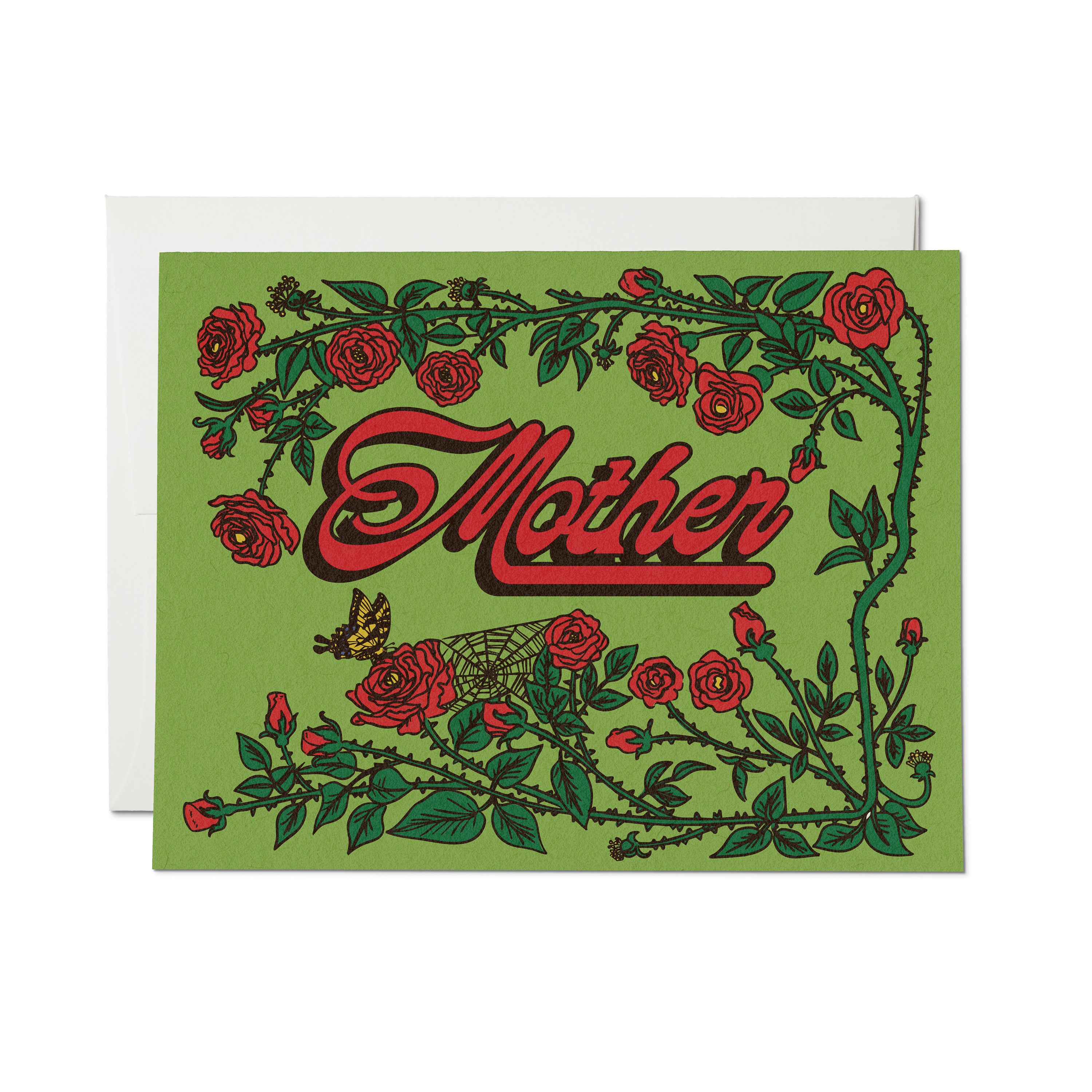 "Mother" greeting card with red roses, thorny vines, a spider web, and a butterfly on a green background.