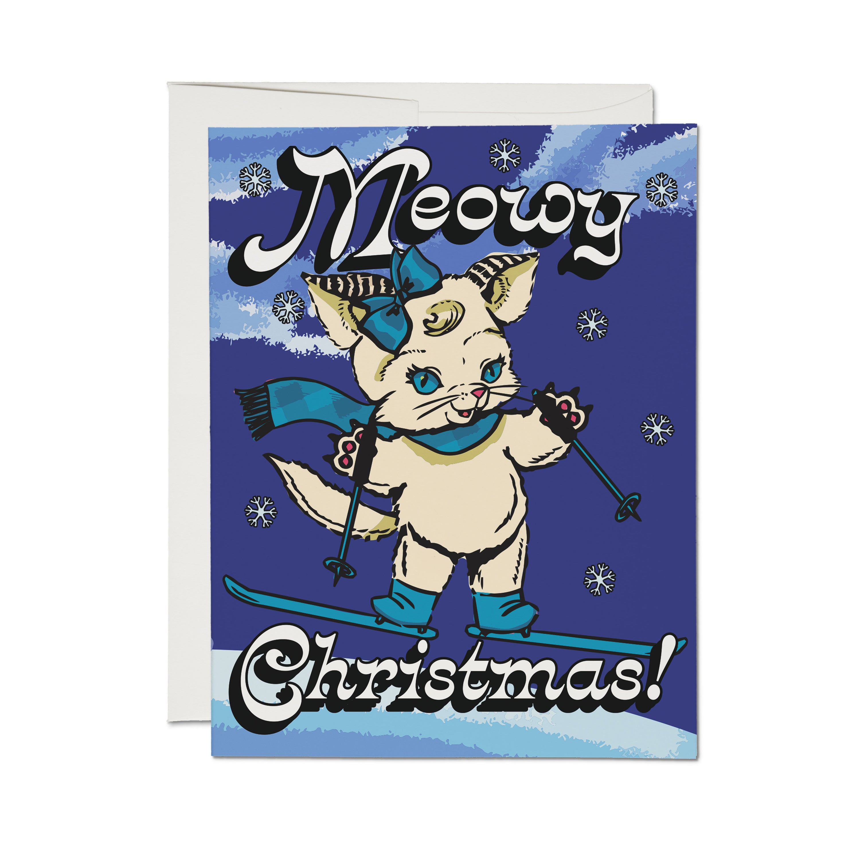Christmas card with a cartoon cat wearing blue bow, scarf and boots while skiing, 'Meowy Christmas!' text on blue background.