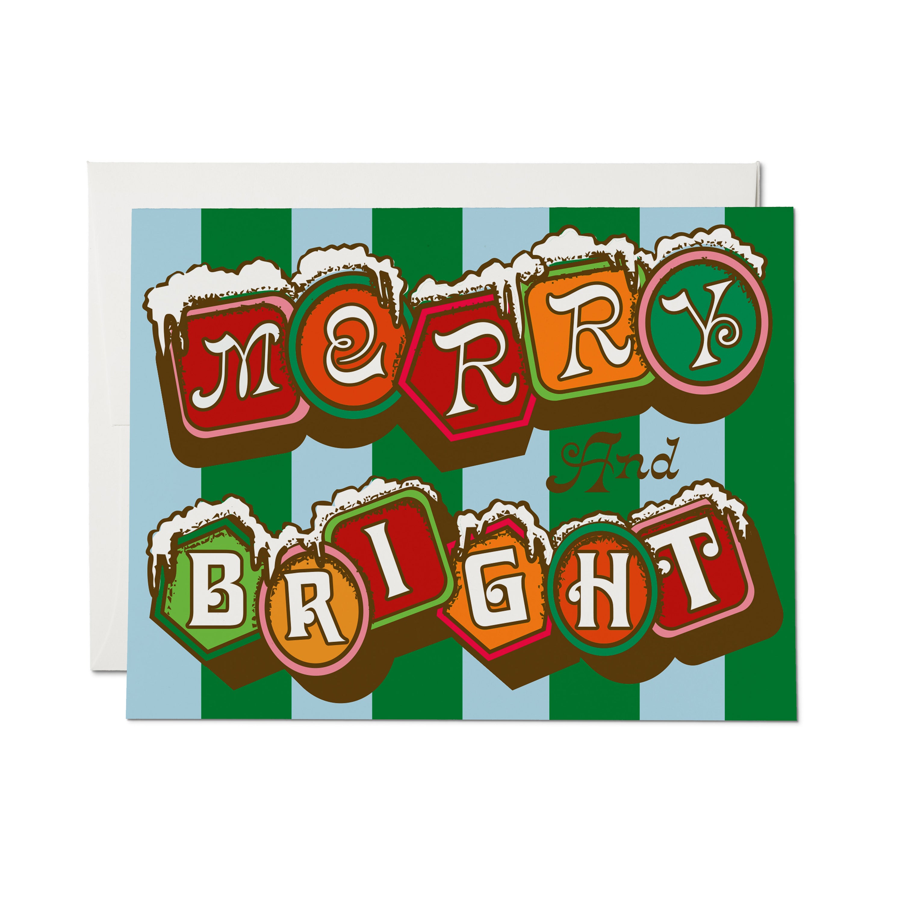 A festive greeting card with the words 'MERRY AND BRIGHT' in decorative beer-mug-shaped letters.