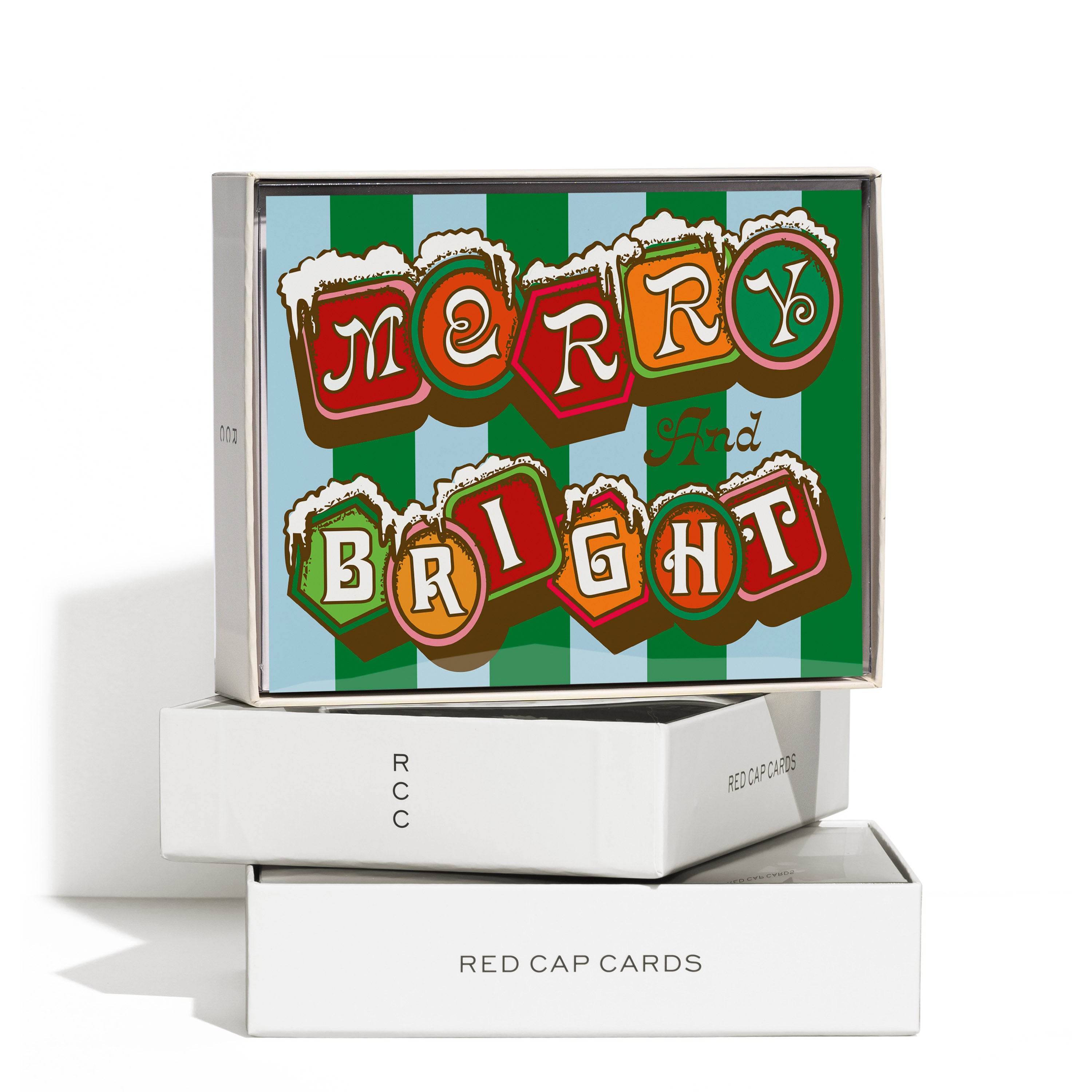 Boxed set of 8 festive greeting cards with the words 'MERRY AND BRIGHT' in decorative beer-mug-shaped letters.