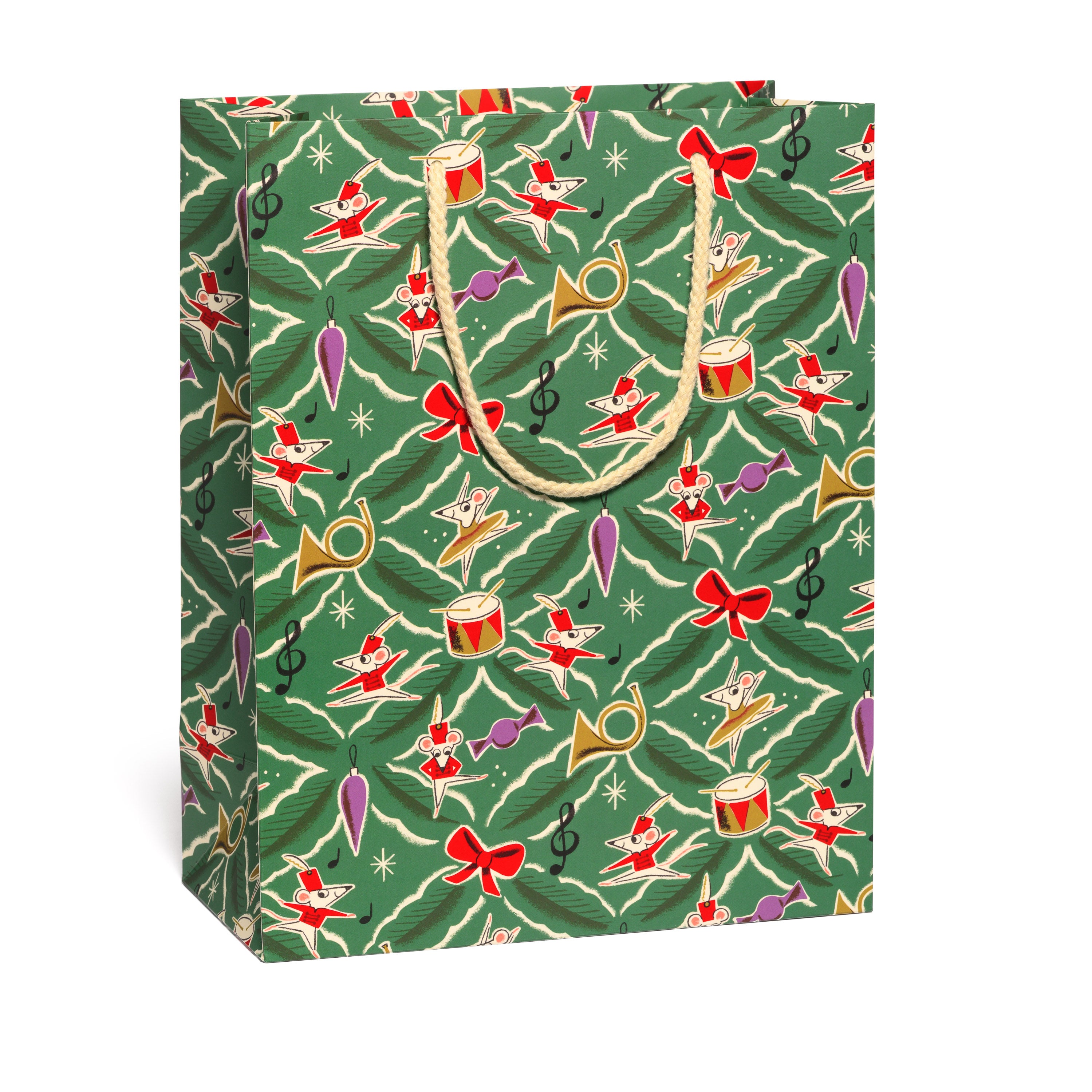 Large green Gift bag with festive design featuring music notes, mice, instruments, and red bows on a green background.