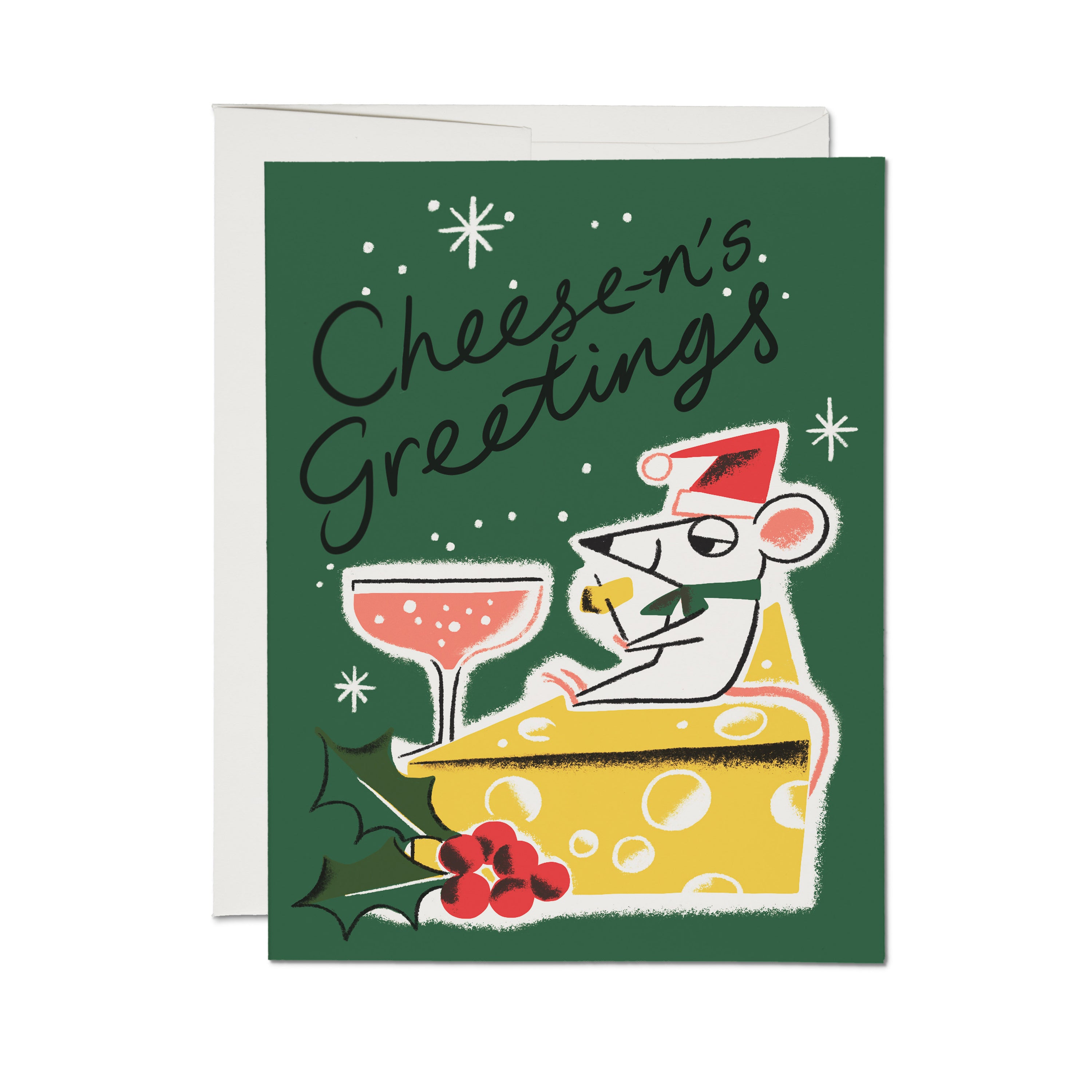 Christmas card with cartoon mouse sitting on a slice of cheese, pink cocktail, 'Cheese-n's Greetings' text, green background.