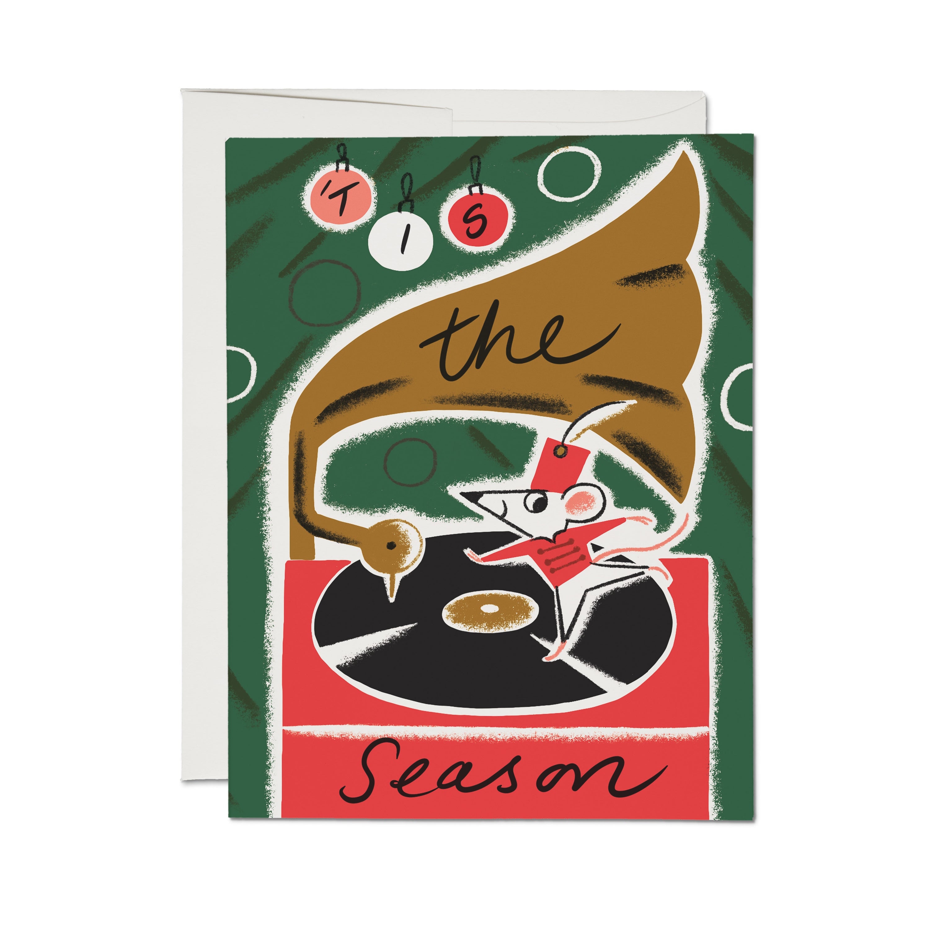 Greeting card with retro illustration of mouse on turntable and gramophone horn, 'This is Season' text on green background.
