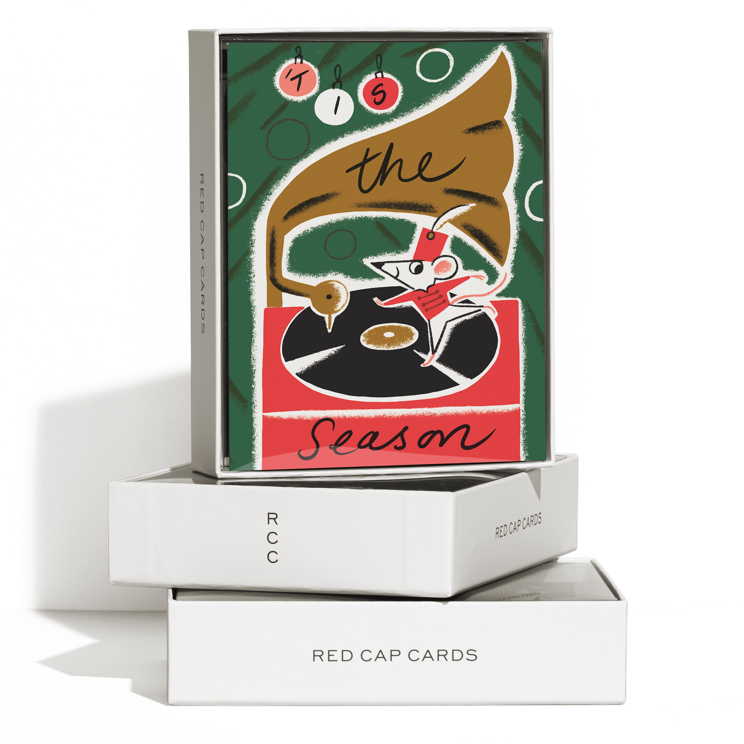 Boxed set of 8 greeting cards, retro illustration of mouse on turntable and gramophone horn, 'This is Season' text, green.