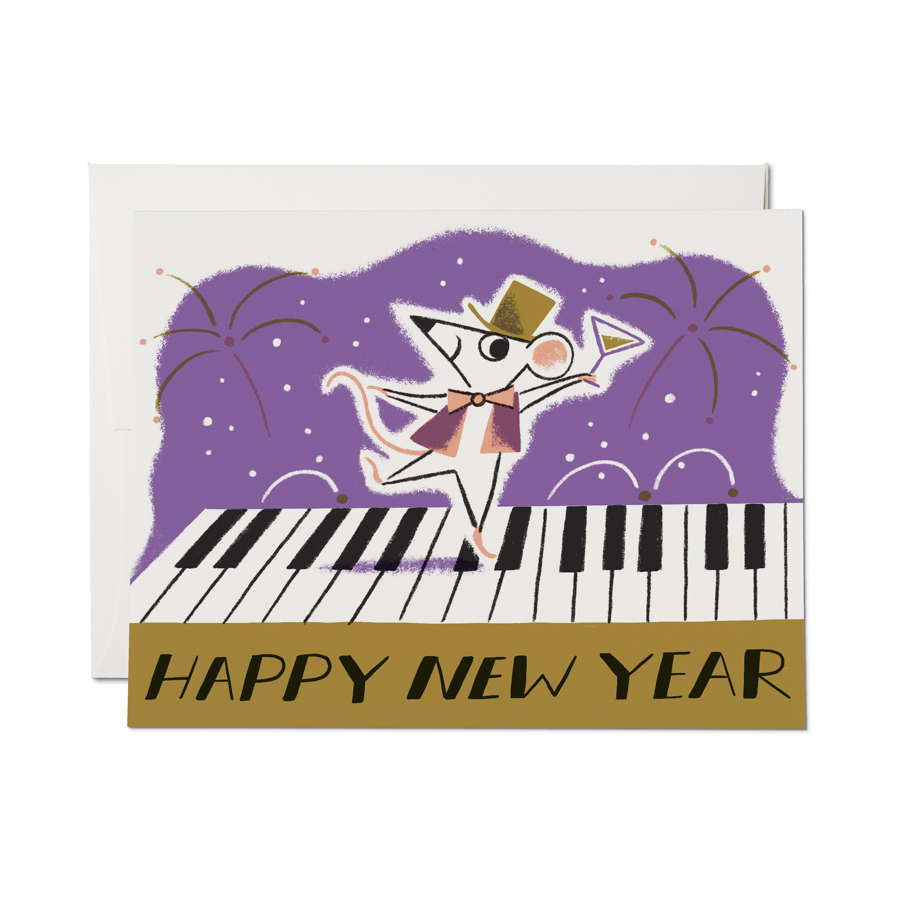 Greeting card with retro illustrated mouse dancing on piano keys with fireworks and 'Happy New Year' text.