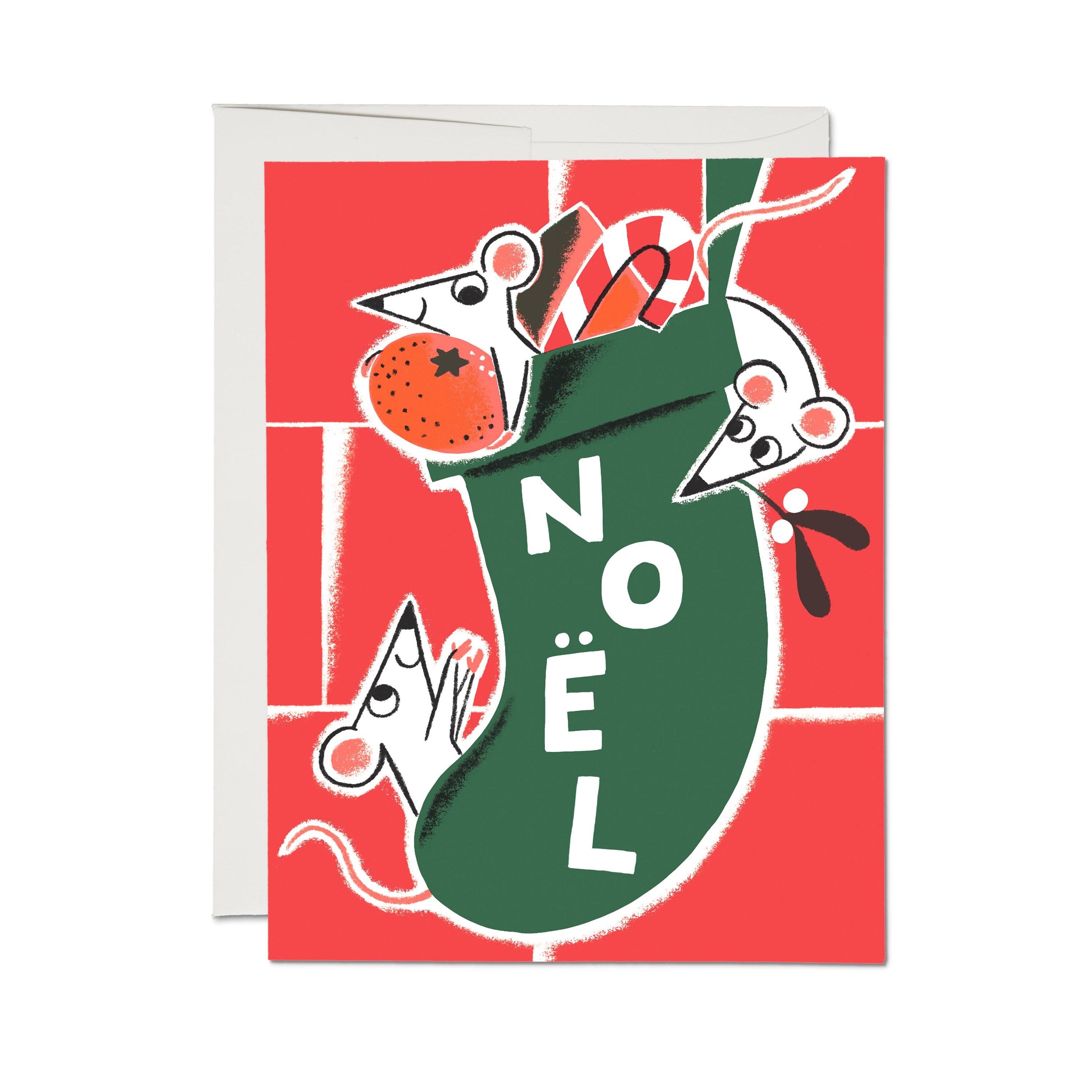 Greeting card with vintage cartoon mice in green stocking with orange and candy cane and "Noel" text on red background.