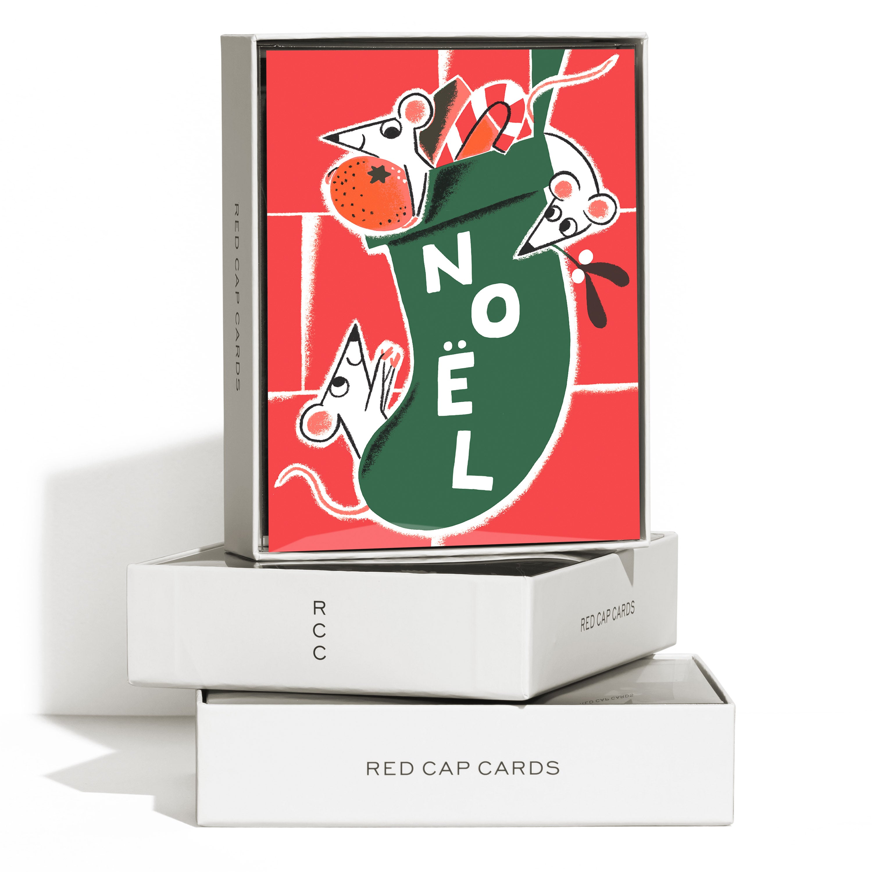 Boxed set of 8 Greeting cards with vintage cartoon mice in green stocking and "Noel" text on red background.