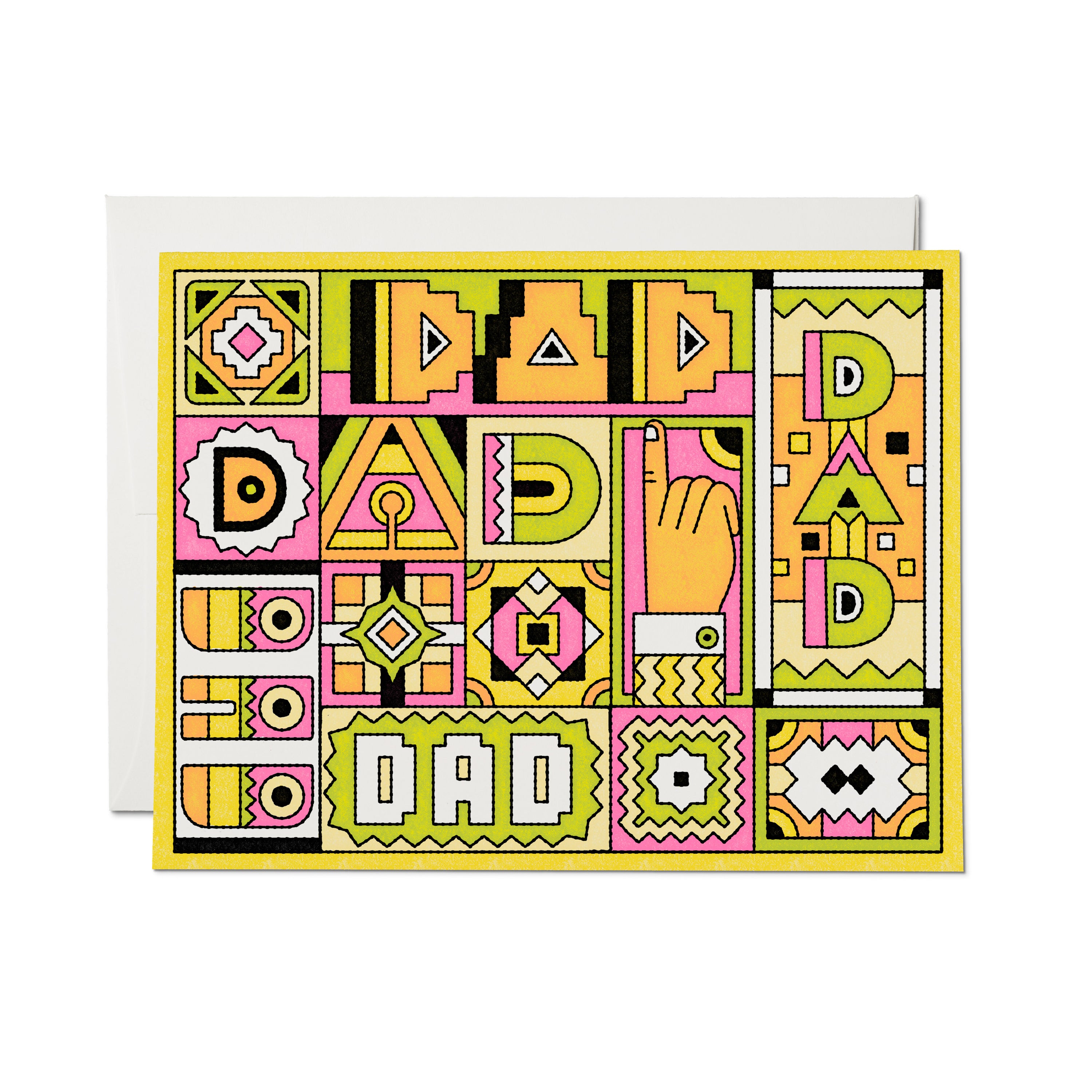 "Dad" deco greeting card with a colorful grid of geometric shapes and bold "DAD" lettering on a yellow border.