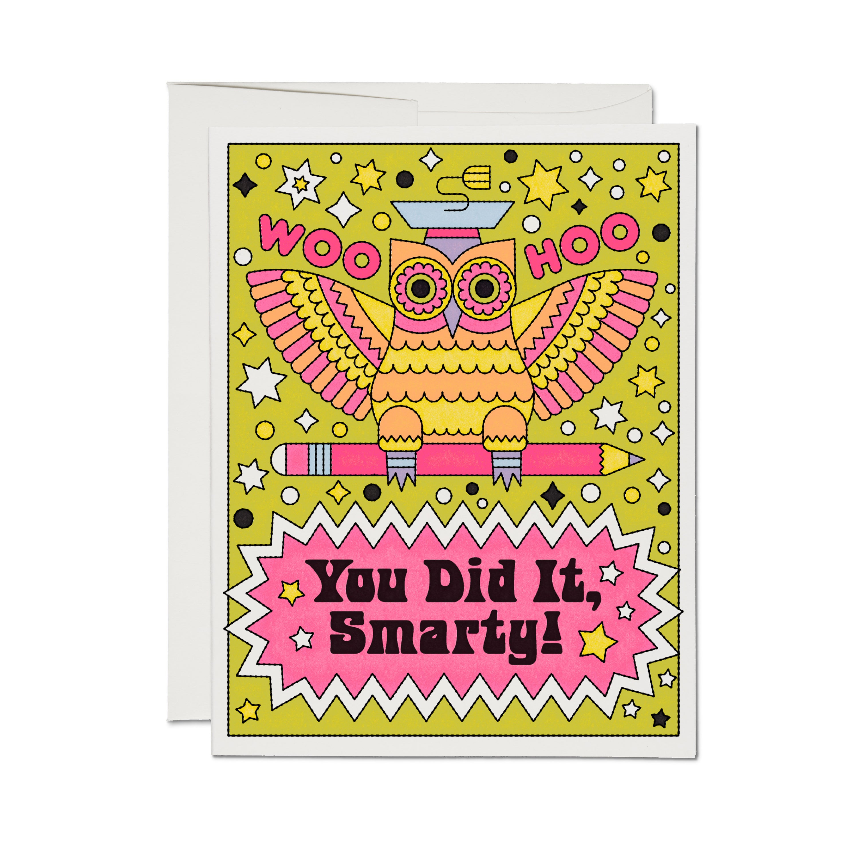 "Woo Hoo You Did It, Smarty!" card with a psychedelic owl perched on a pencil, stars, and starburst on a green background.