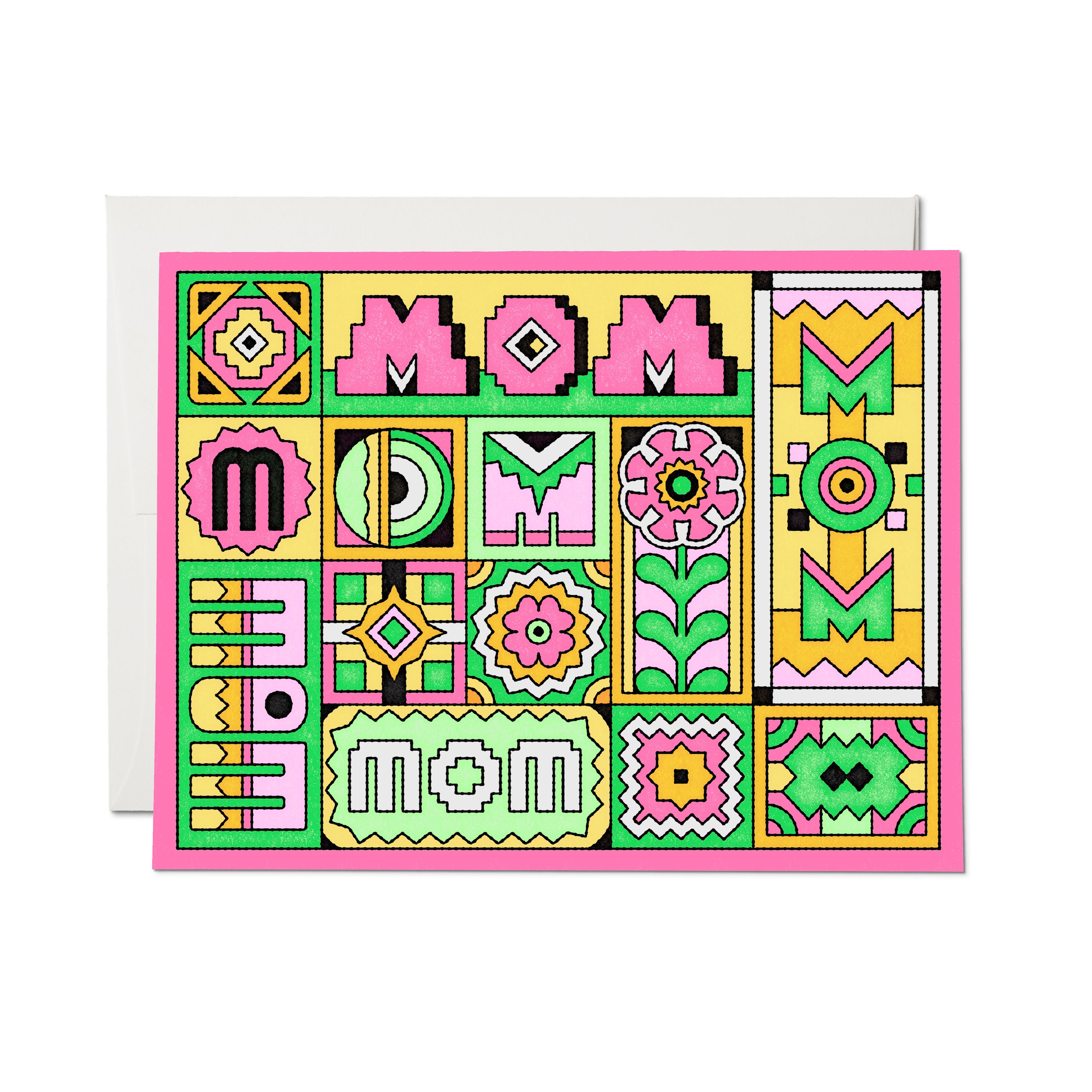 "Mom" deco greeting card with a colorful grid of flowers, geometric shapes, and bold "MOM" lettering on a pink border.