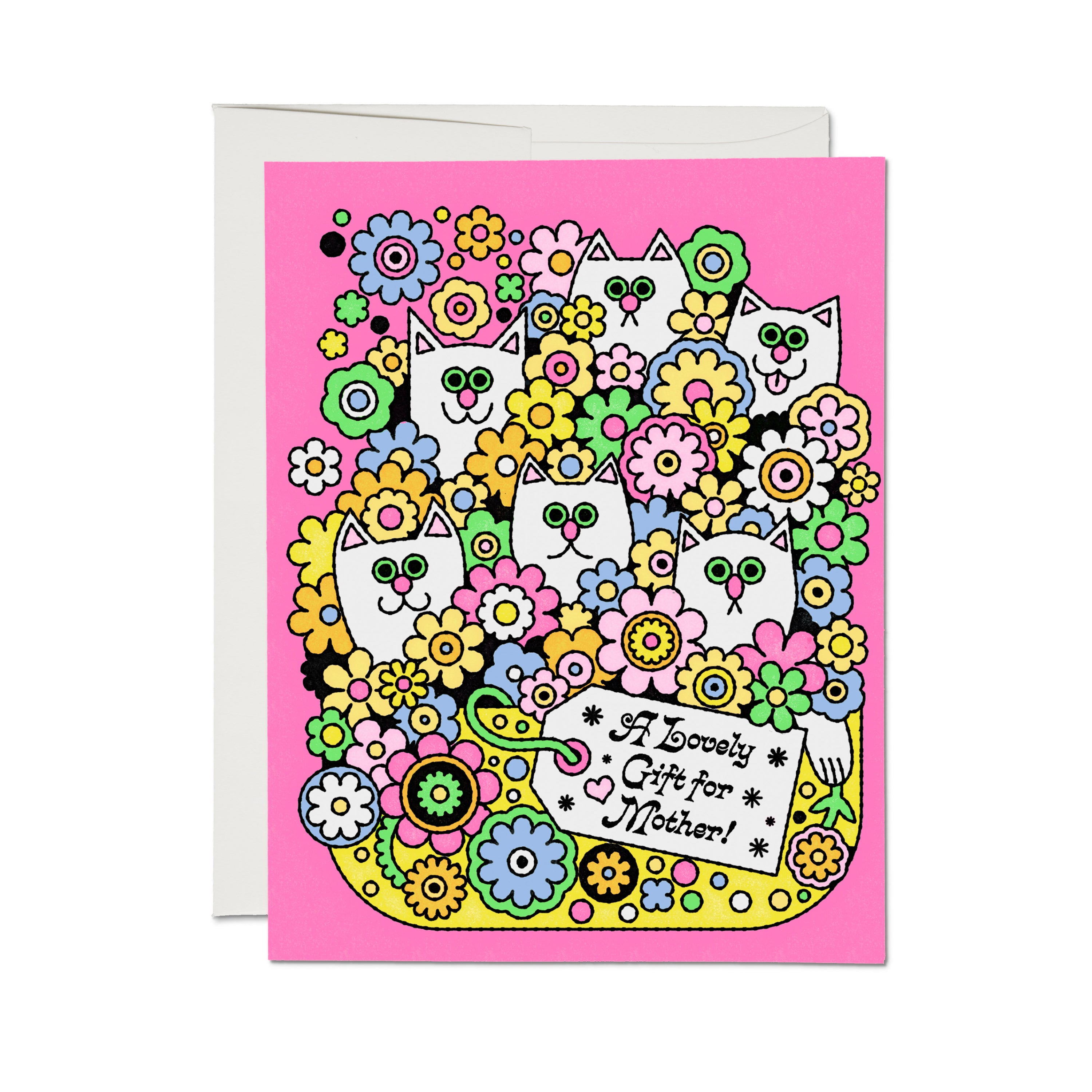"A lovely gift for Mother!" card with psychedelic cats and flowers design on a pink background.