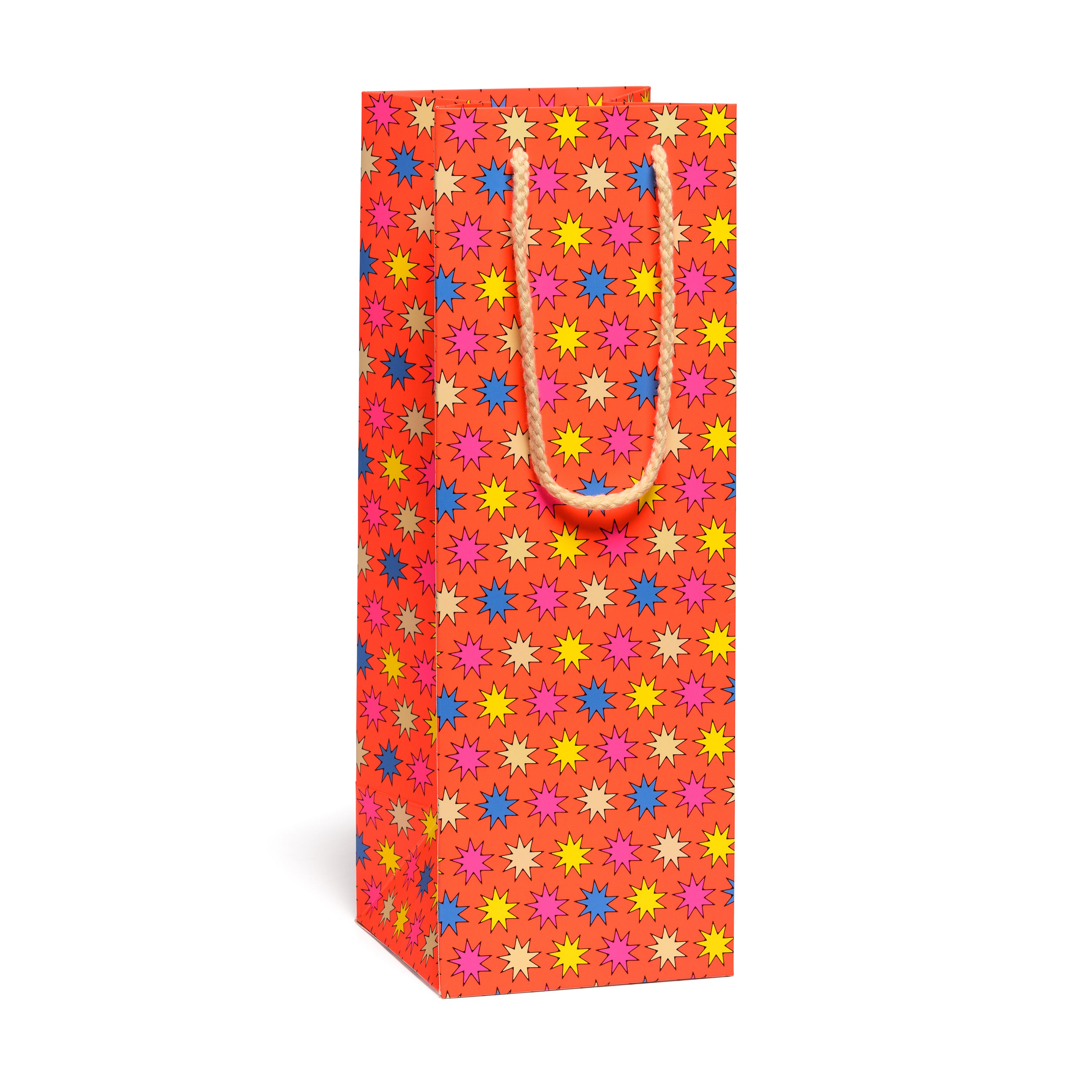 Colorful star-patterned wine bag on a white background