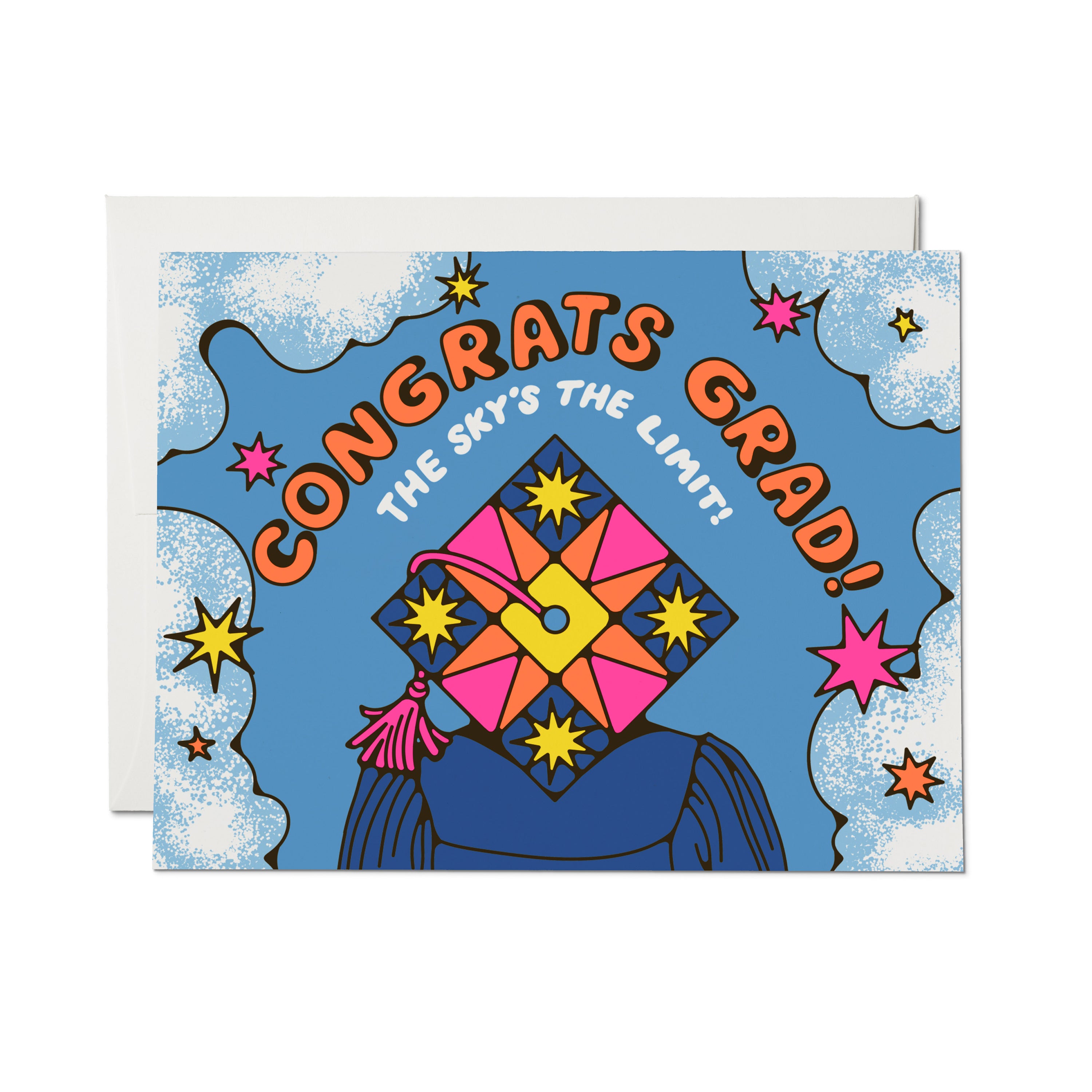 Congrats Grad! The sky's the limit!' card, person in graduation cap, clouds and stars on blue background.