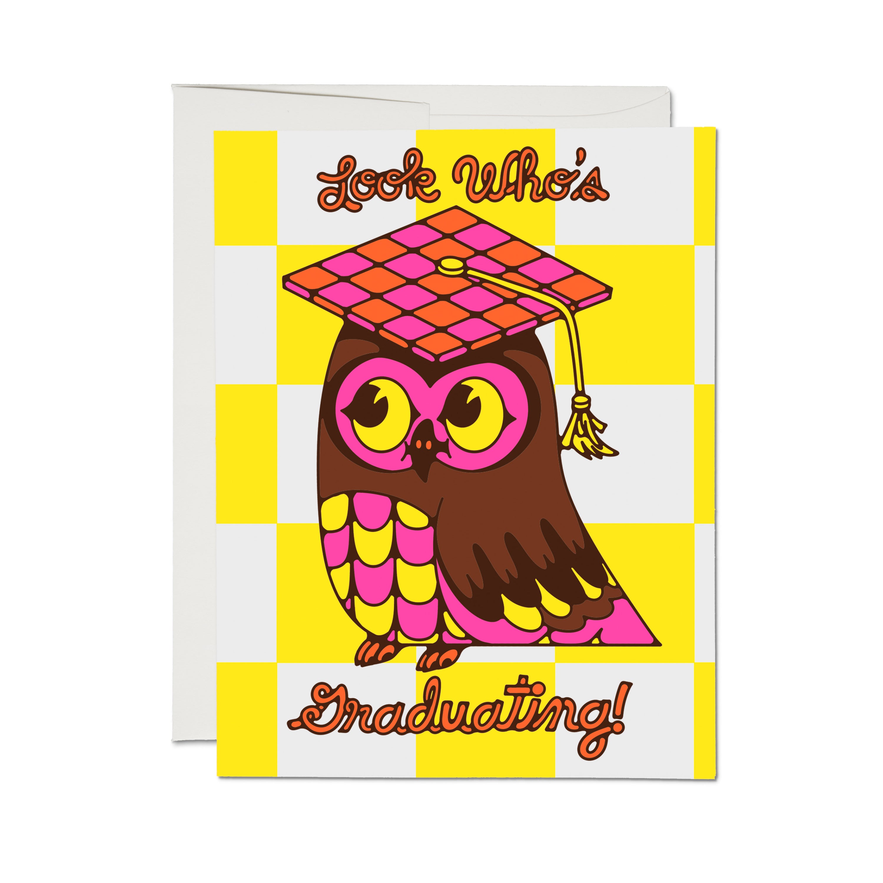 Graduation card with art deco illustrated brown, pink and yellow owl wearing graduation cap and "Look who's graduating" text.