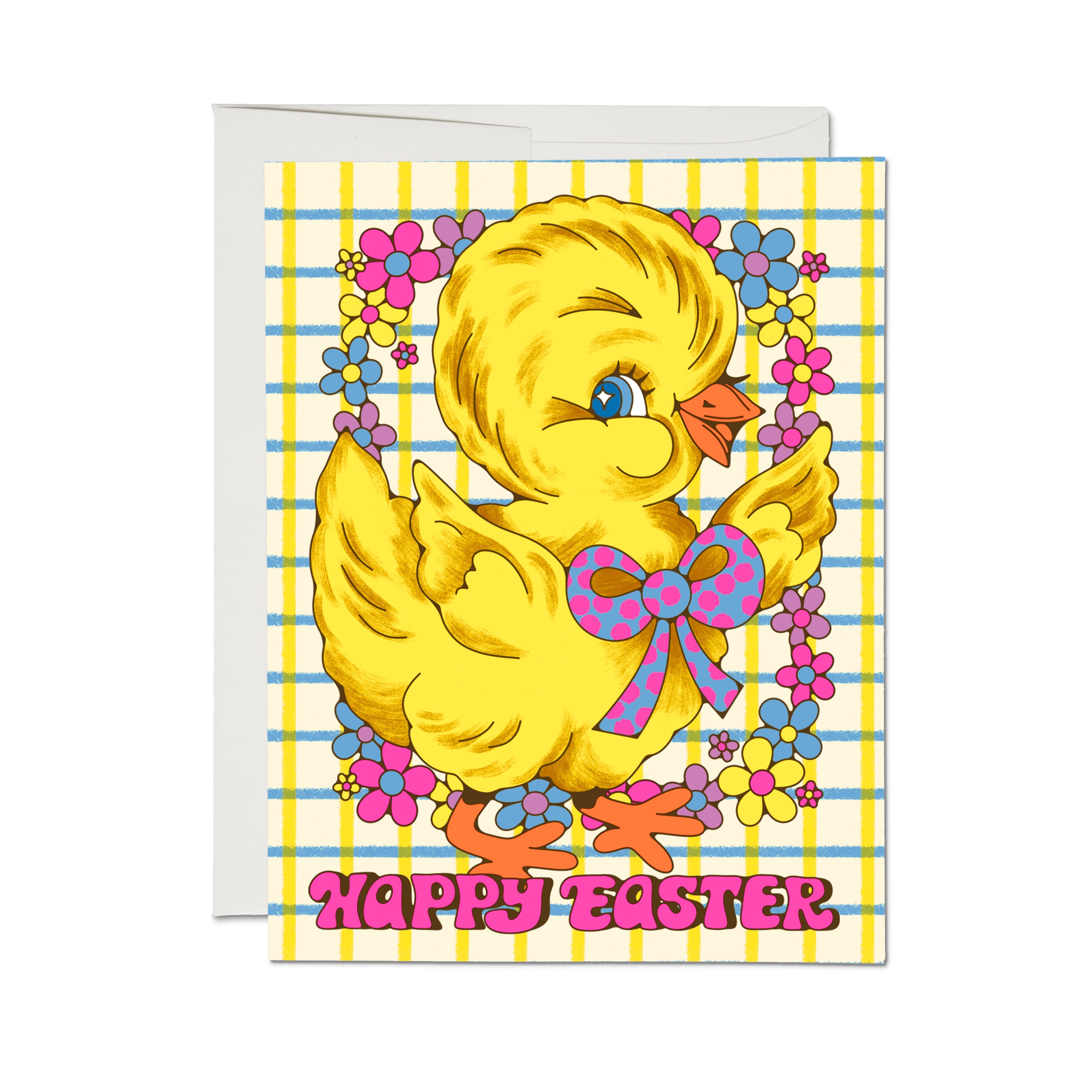 'Happy Easter' card with yellow and blue plaid pattern, floral design and cartoon baby chicken.