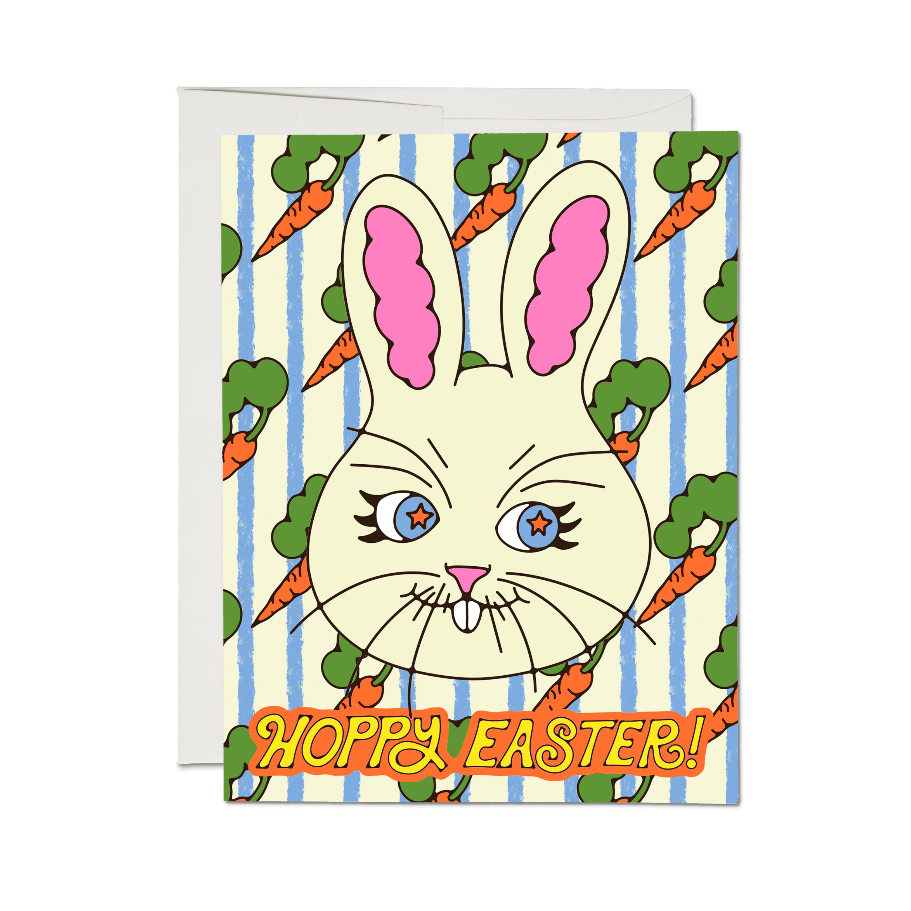 "Hoppy Easter" greeting card with face of a bunny rabbit with stars in it's eyes and carrot and pinstripe background pattern.