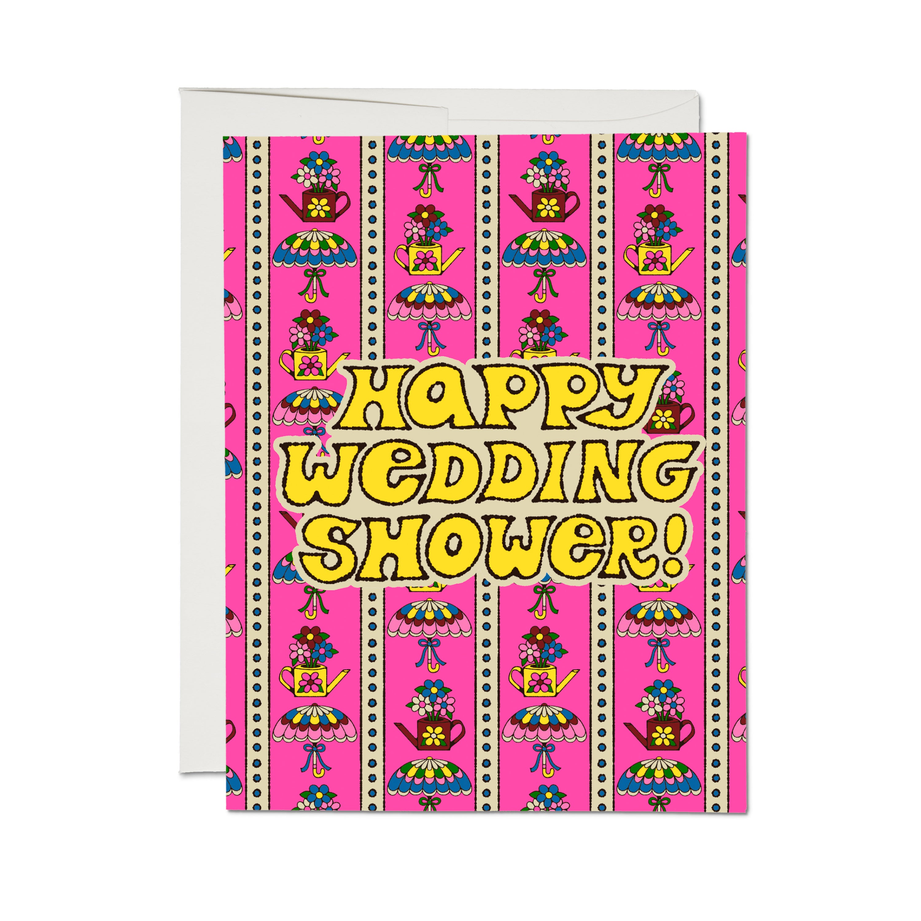 Wedding shower card, 'Happy Wedding Shower!' in yellow bubble text on pink pattern with watering cans, lamps and flowers.