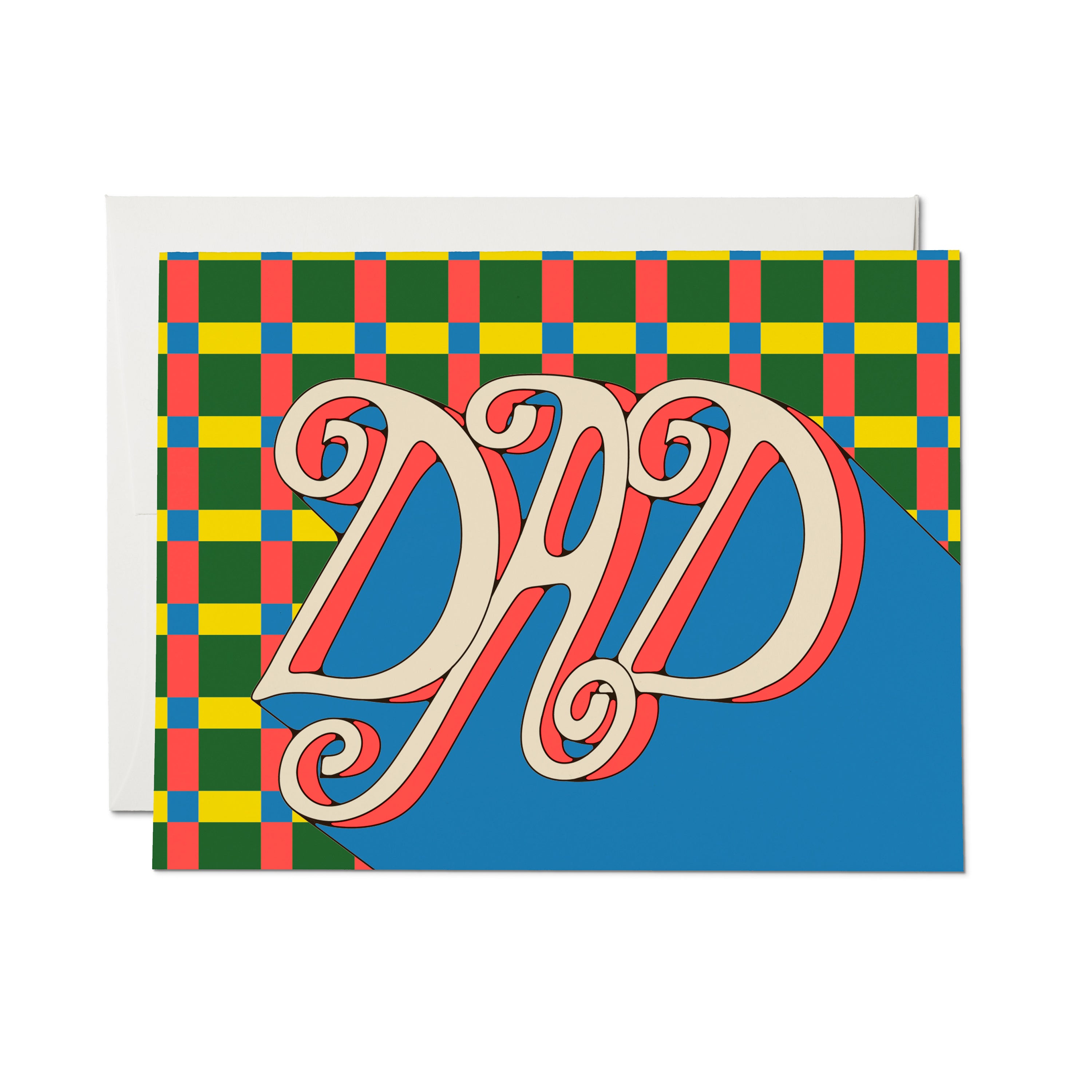 Father's Day card with green, yellow, red and blue plaid pattern and 'Dad' in cream and red script on blue triangle.