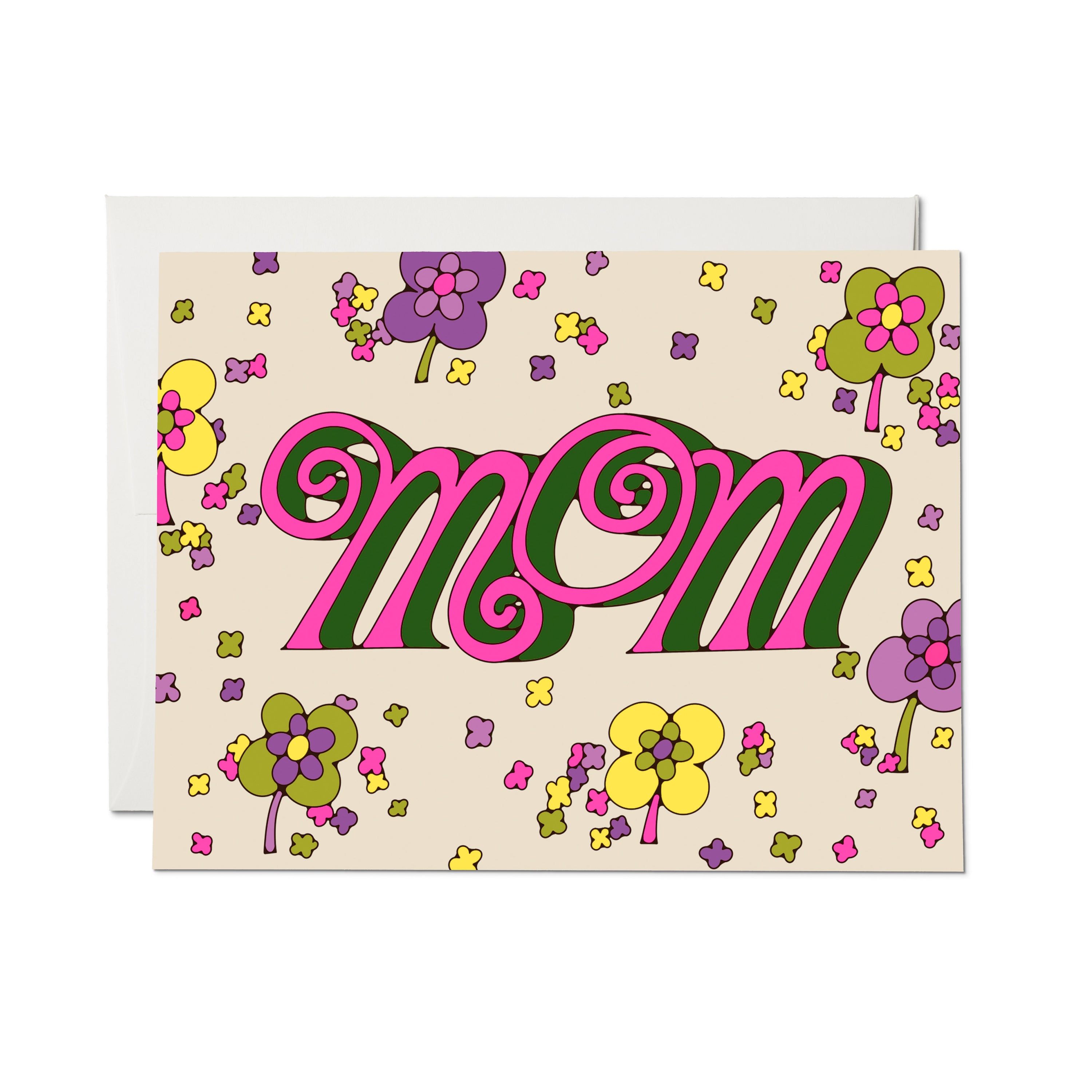 Mother's Day card with green, purple, yellow and pink floral design and "Mom" in pink and green script.