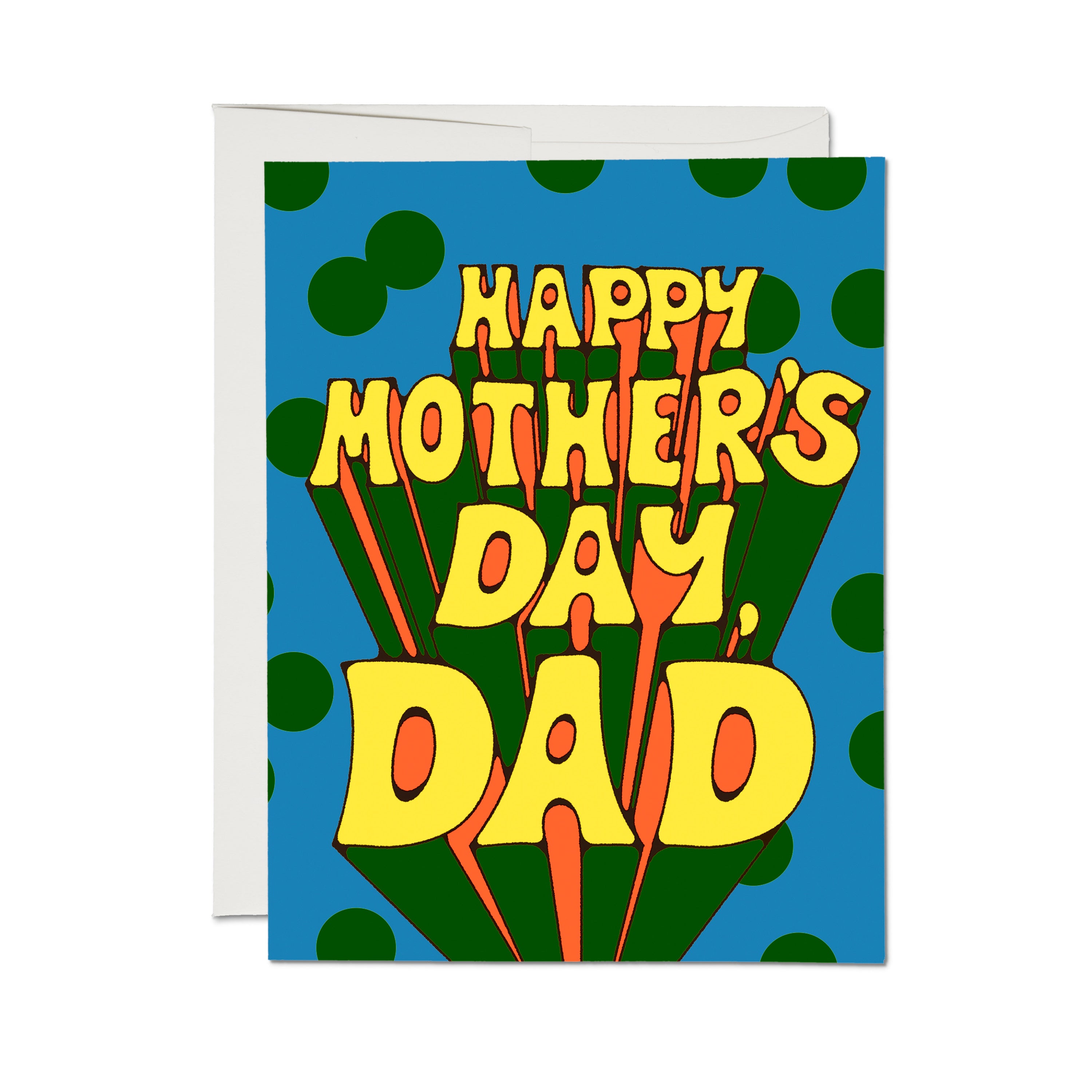 Greeting card with blue background and green dot design with "Happy Mother's Day, Dad" in big yellow block letters.