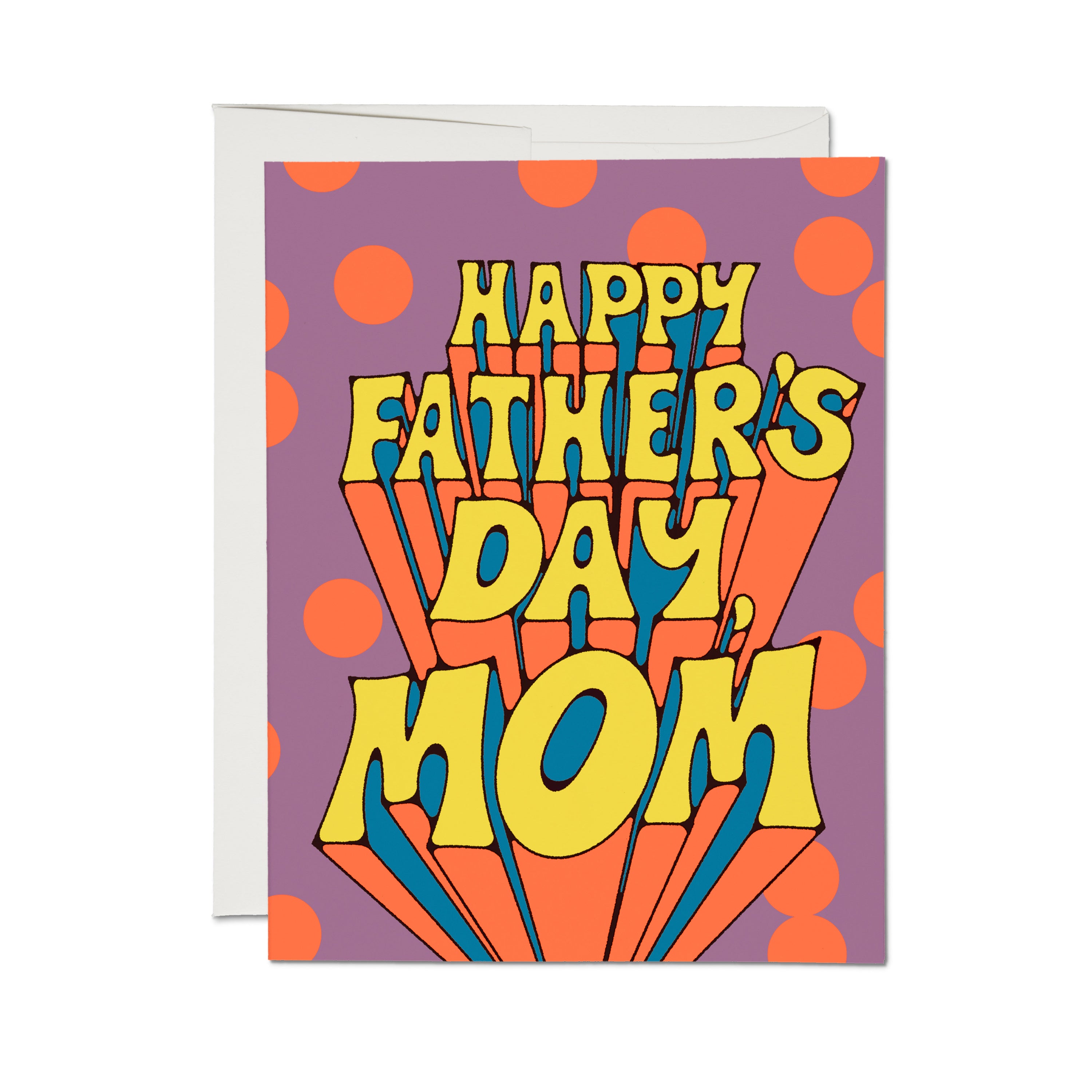 Greeting card with purple background and orange dot design and "Happy Father's Day, Mom" in big yellow block letters.
