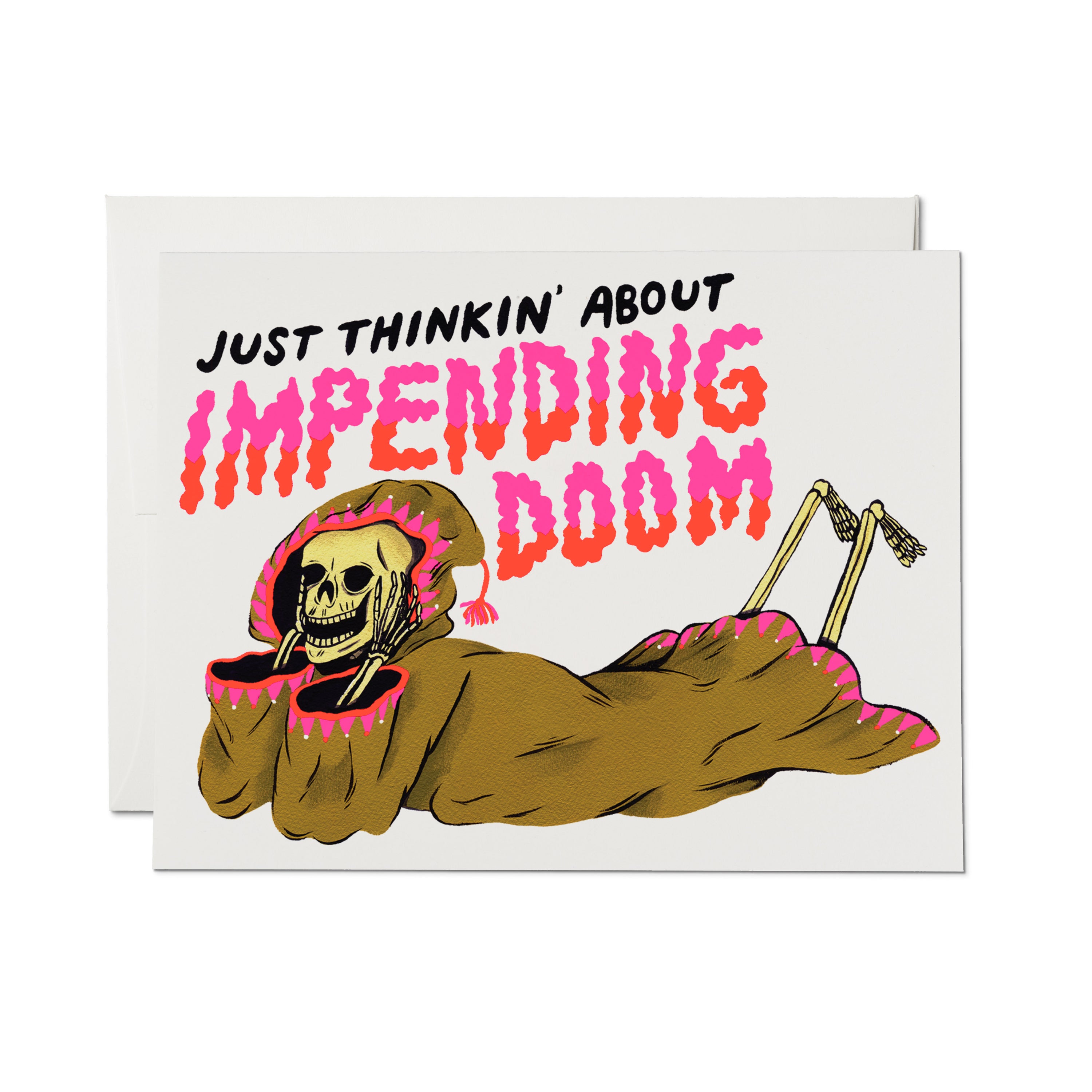 "Just Thinkin' About Impending Doom" card with an animated grim reaper in a brown and pink cloak on a white background.