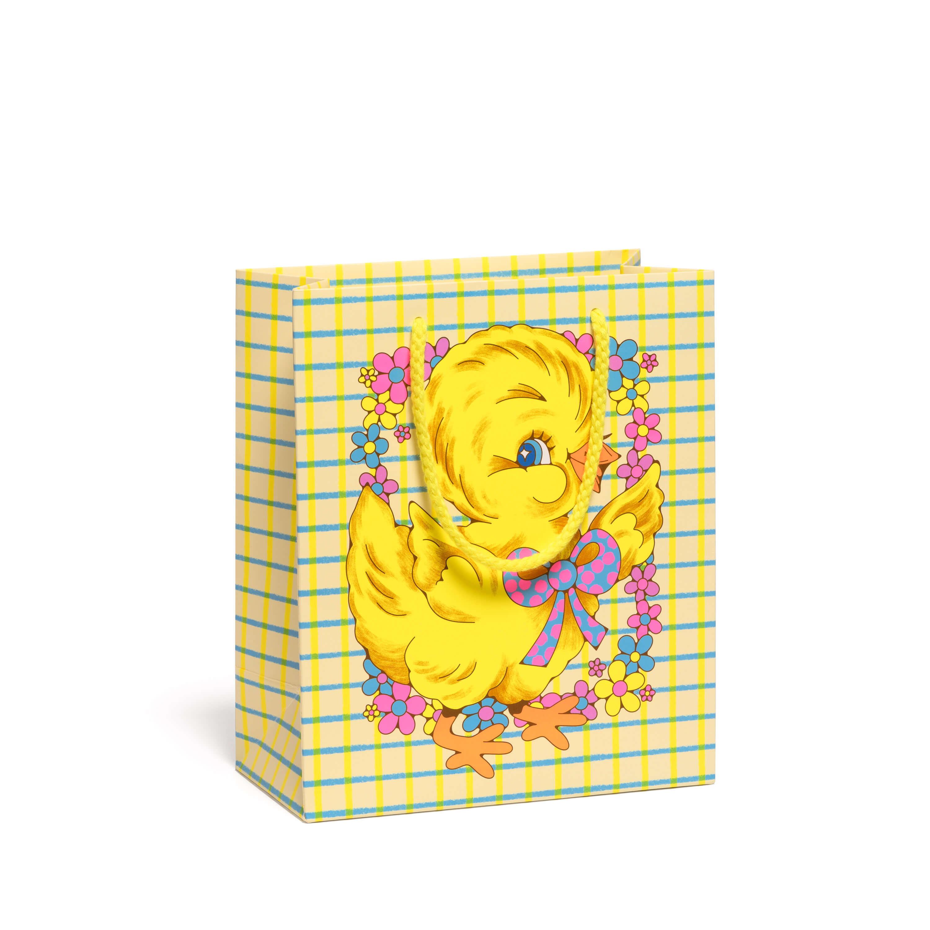 Gift bag with a cartoon chick design on a yellow and blue checkered and floral background with yellow rope handle.