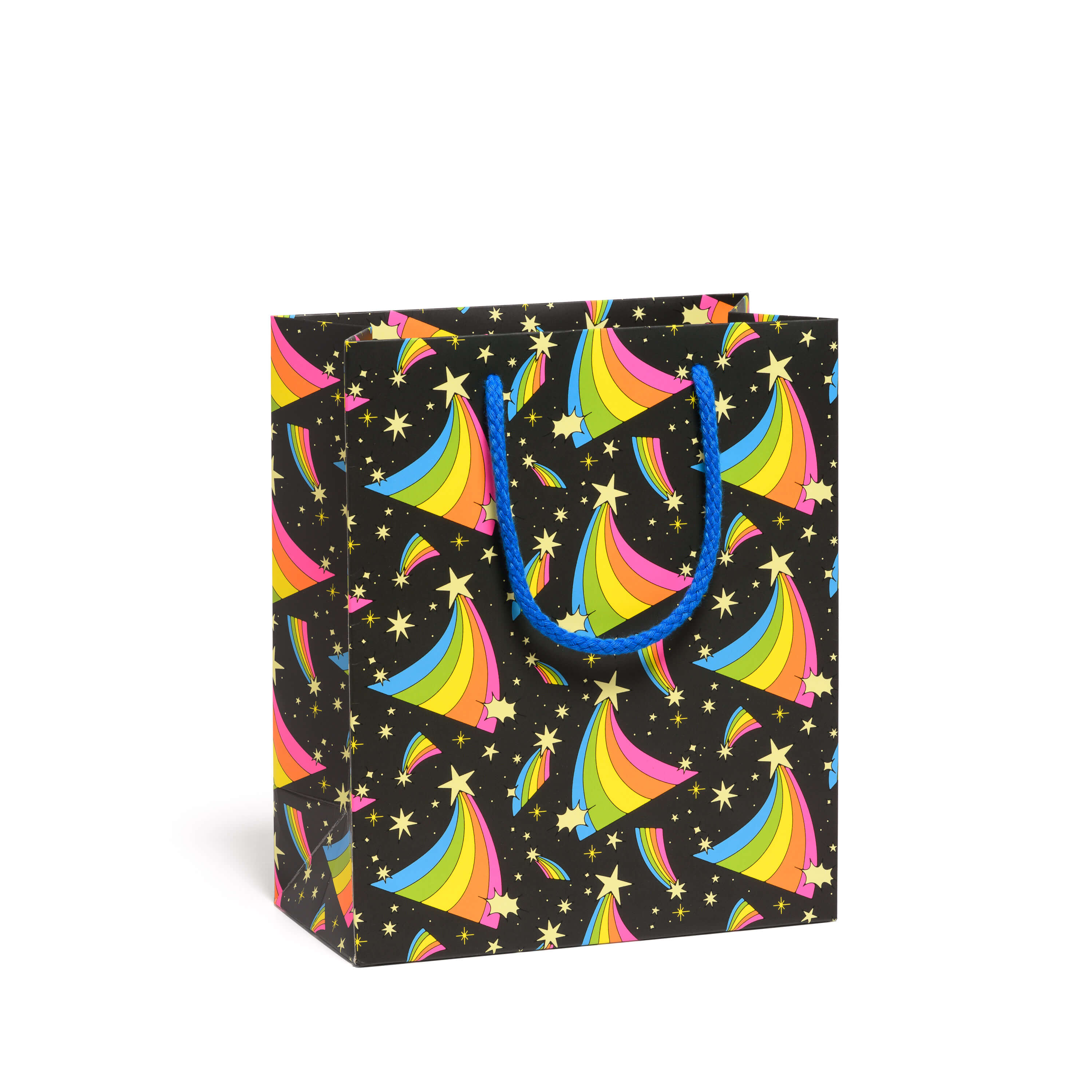 Gift bag with outer space, stars and rainbow designs with a blue rope handle on a black background.