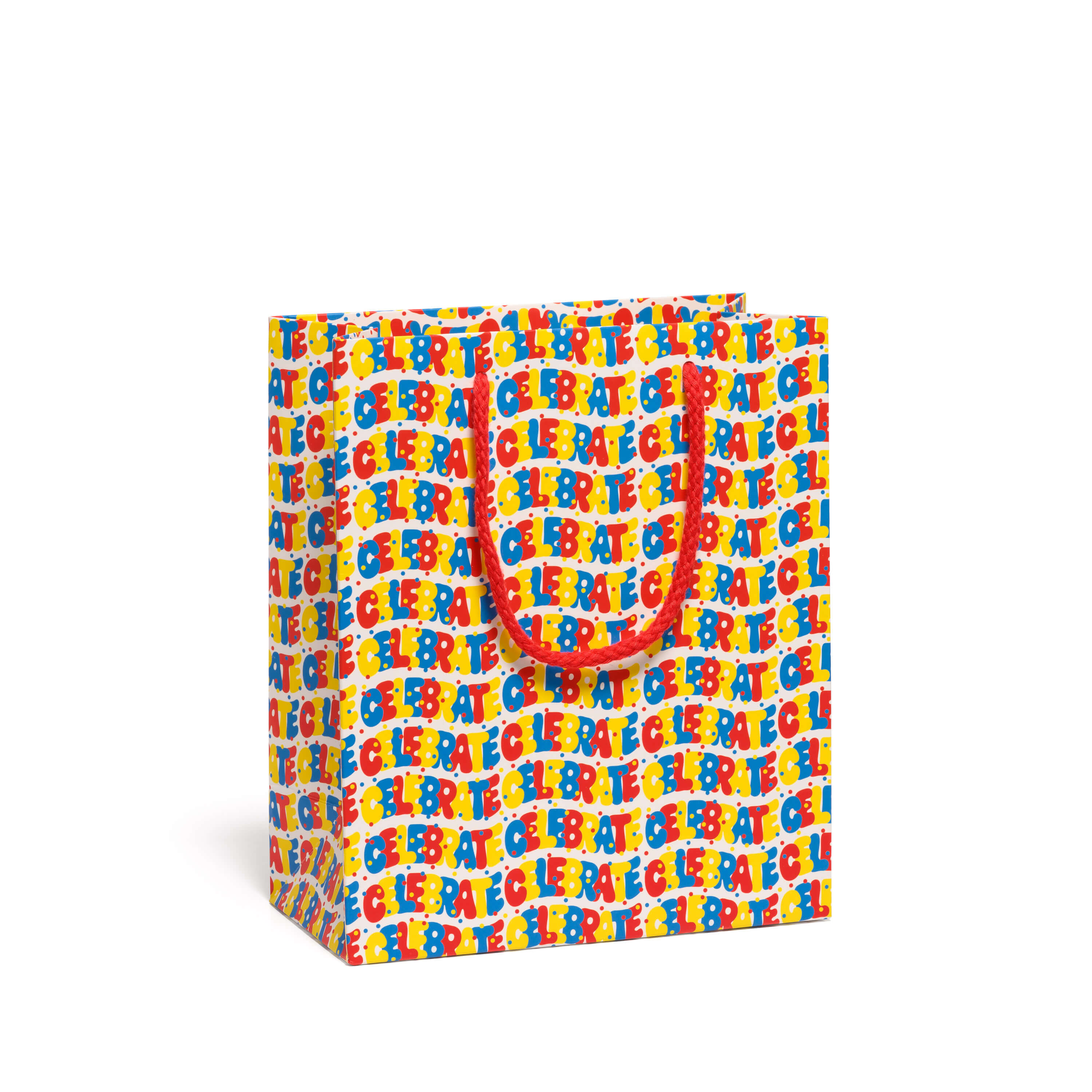 Gift bag with colorful 'Celebrate' text and with red rope handle on a white background.