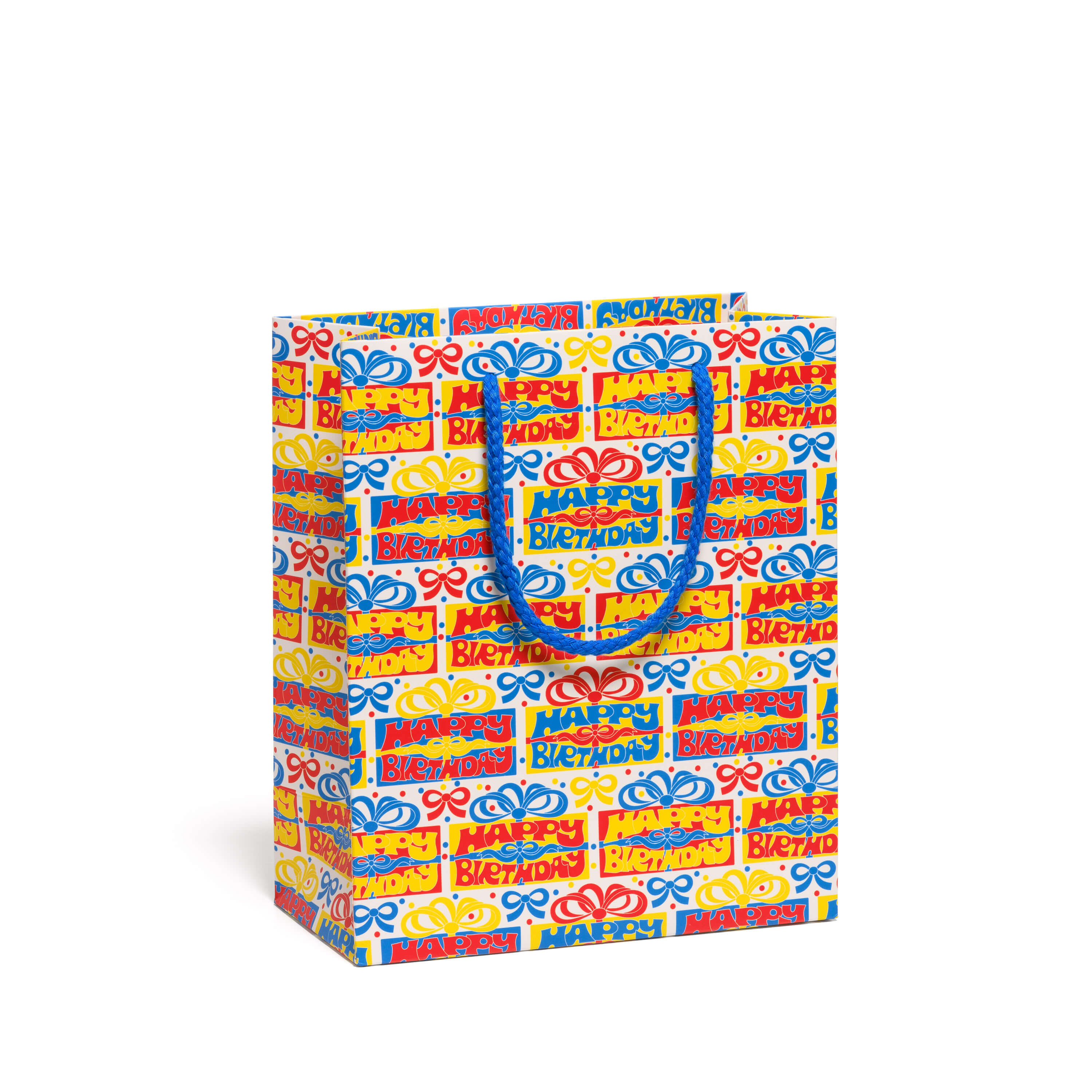 Colorful gift bag with 'Happy Birthday' text and blue rope handle on a white background.