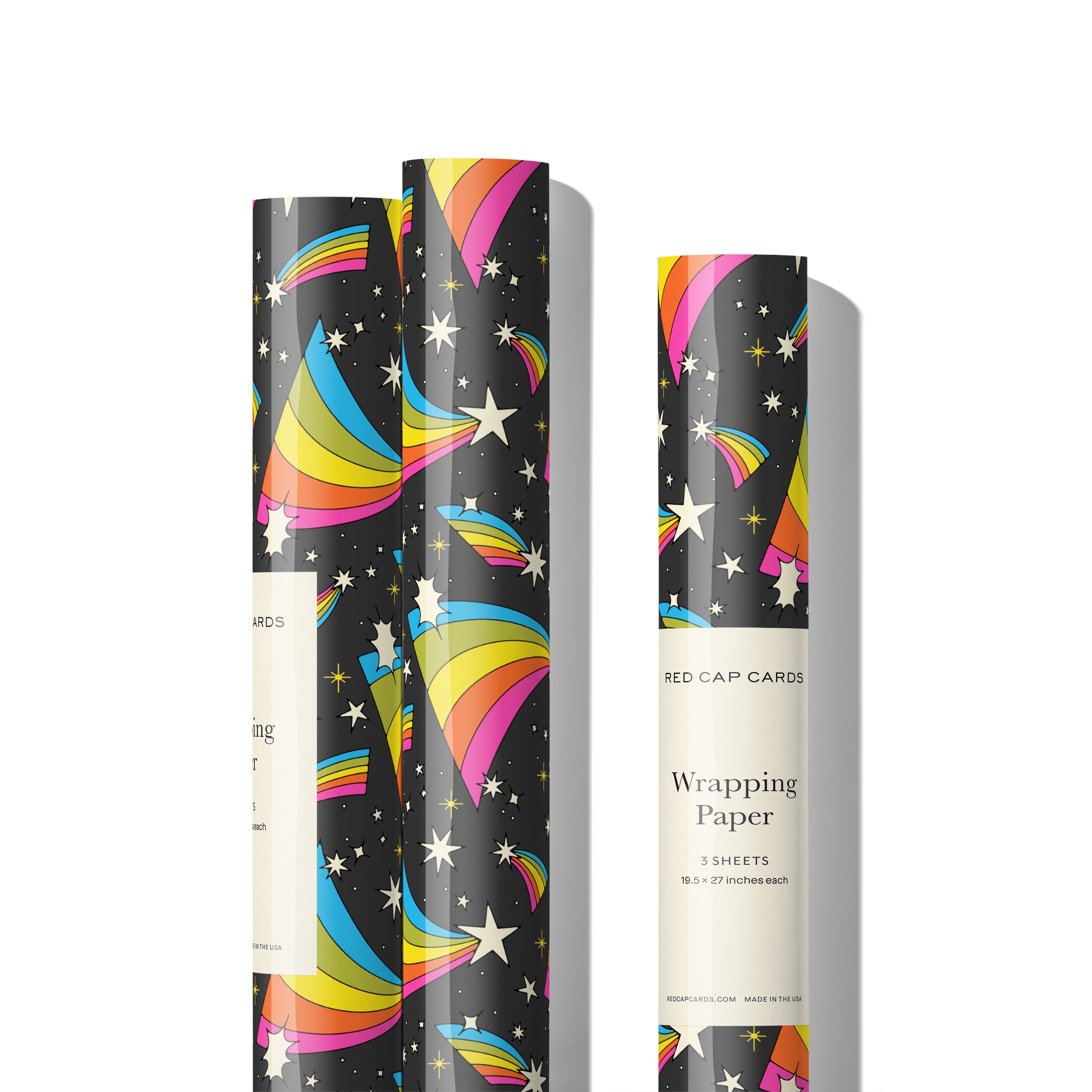 Gift Wrap with rainbow and star pattern on a black background, roll of 3 sheets.