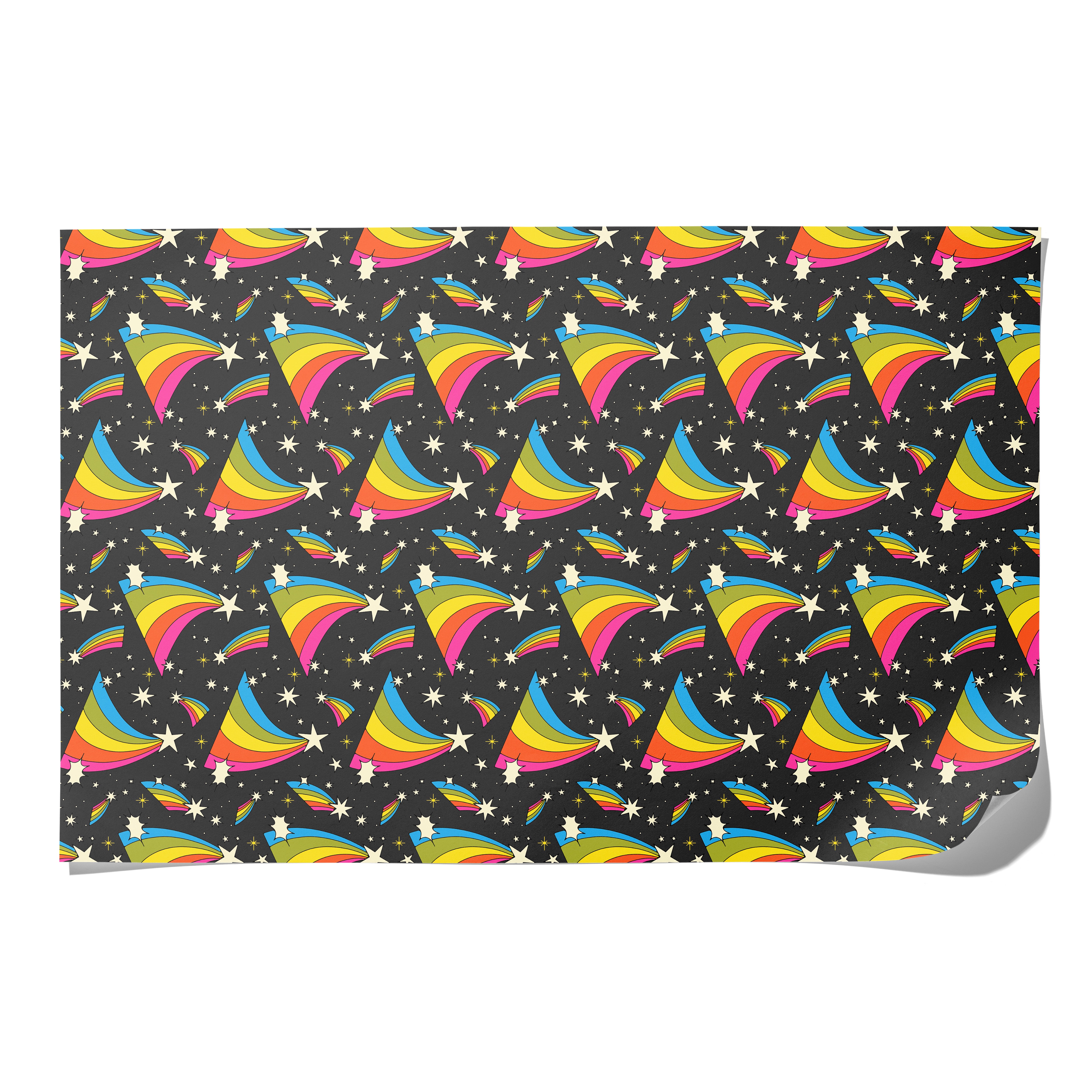 Gift Wrap with rainbow and star pattern on a black background.