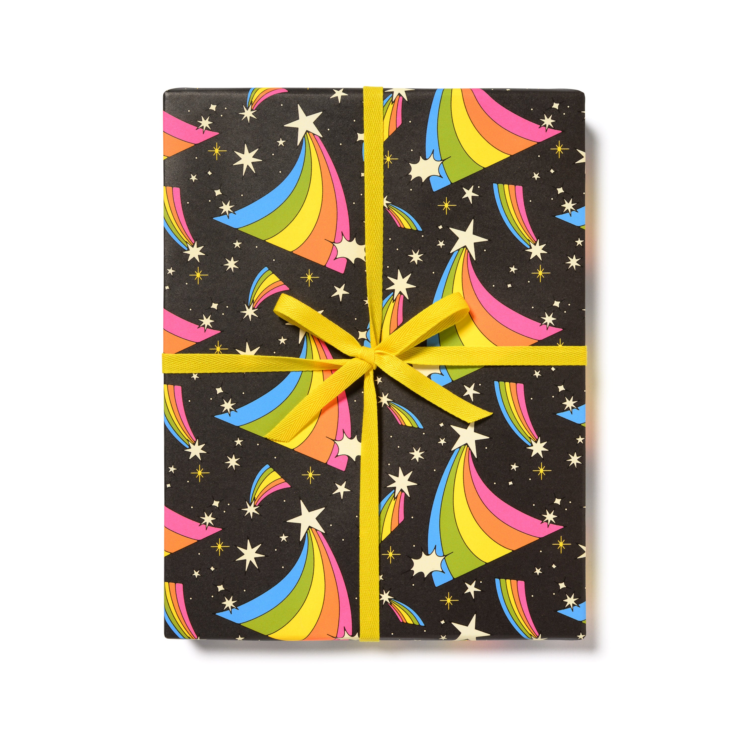 Gift Wrap with rainbow and star pattern on a black background.