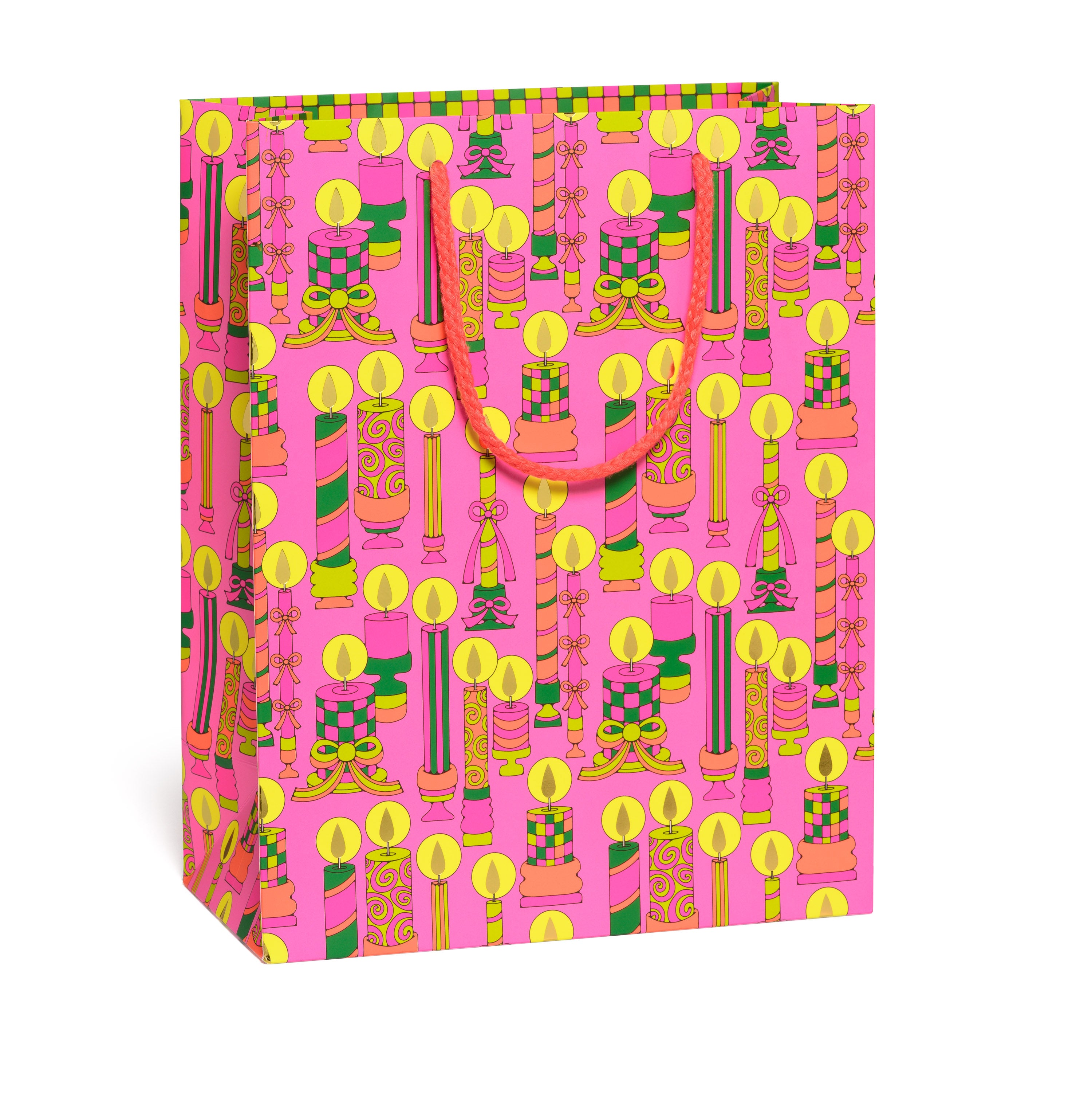 Gift bag with a colorful holiday candle pattern on a pink background.
