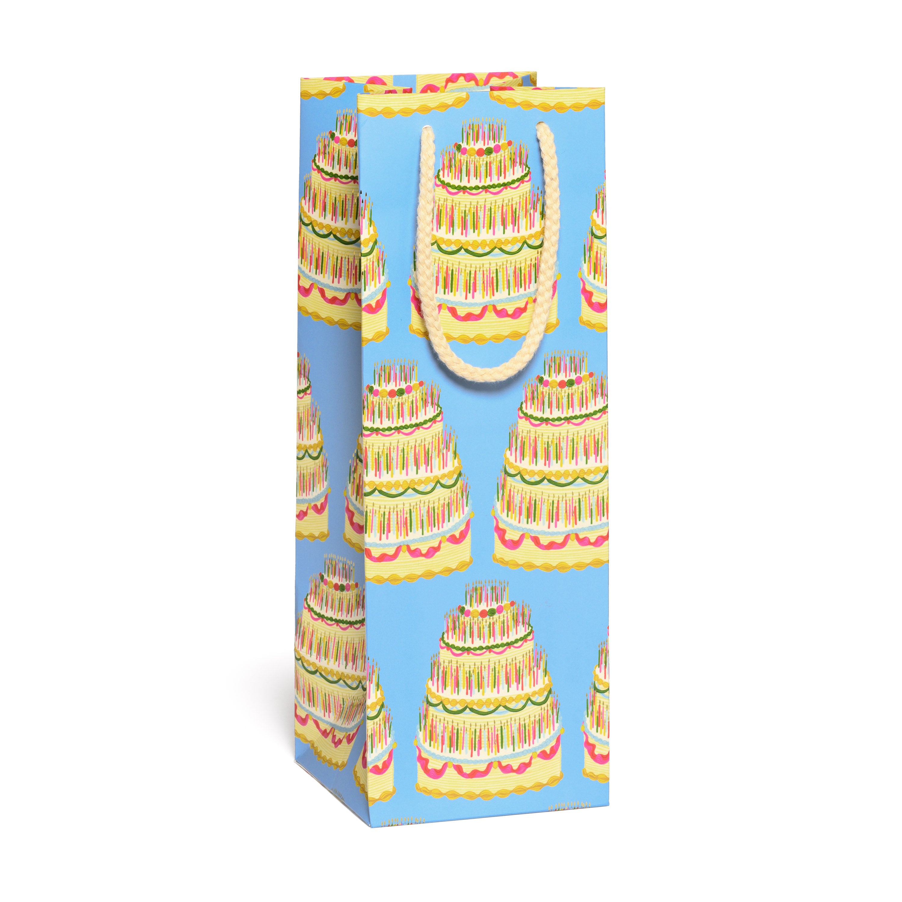 Wine bag with a colorful cake and candles design on a blue background.
