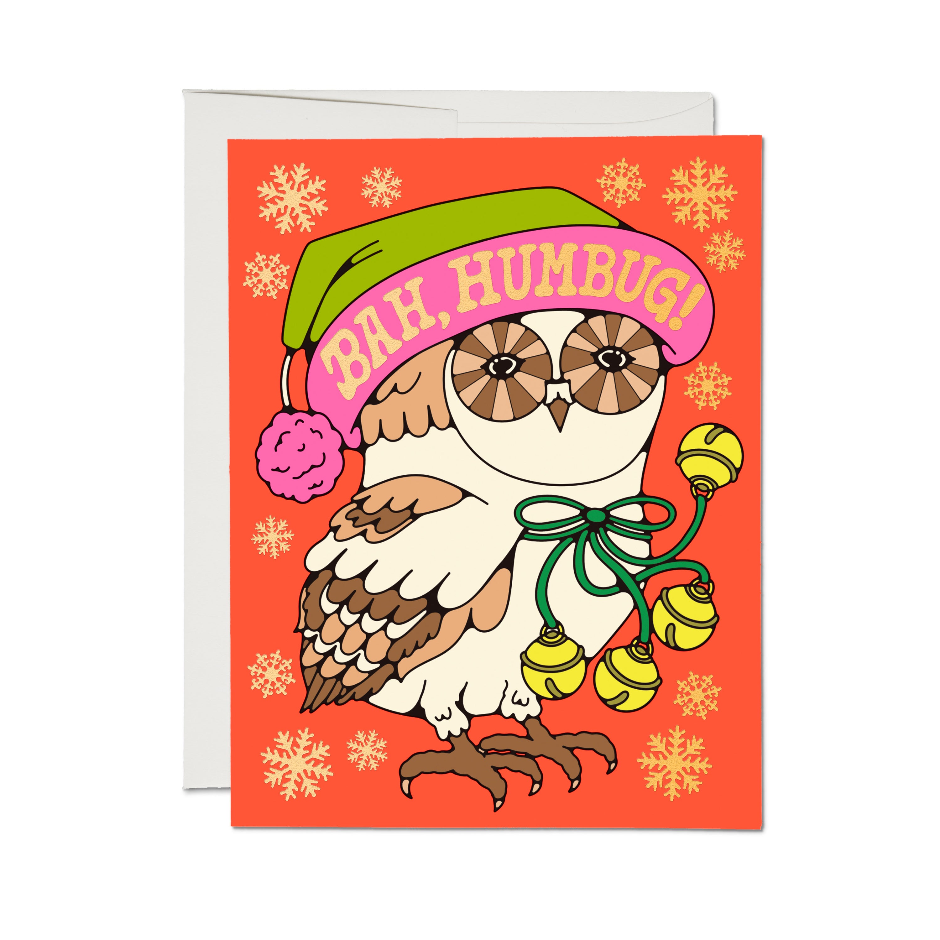 Art deco greeting card with geometric cartoon owl with bells, snowflakes and a pink hat with 'Bah, Humbug!' text.