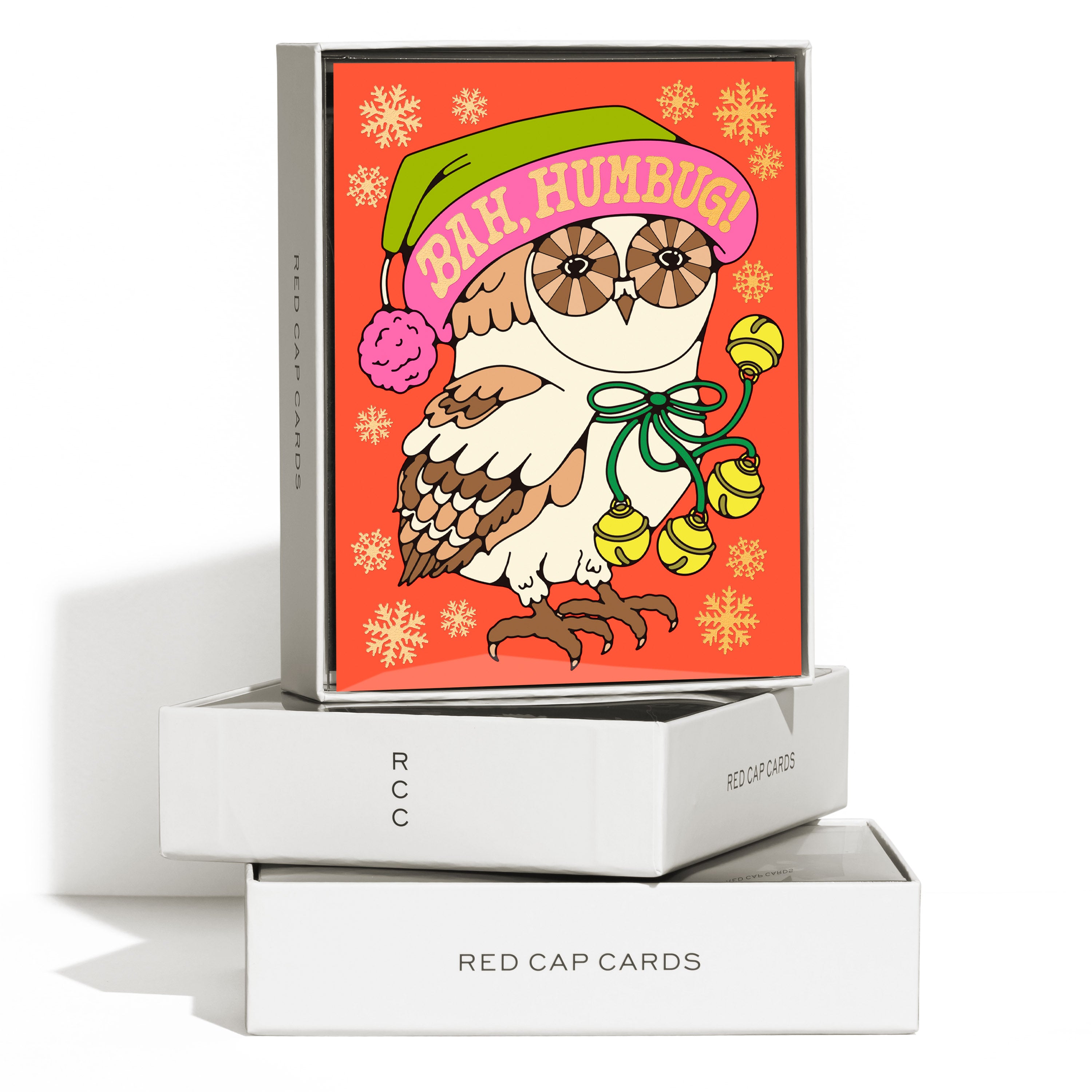 Boxed set of 8 Art deco greeting cards with geometric cartoon owl with bells, snowflakes and 'Bah, Humbug!' text.