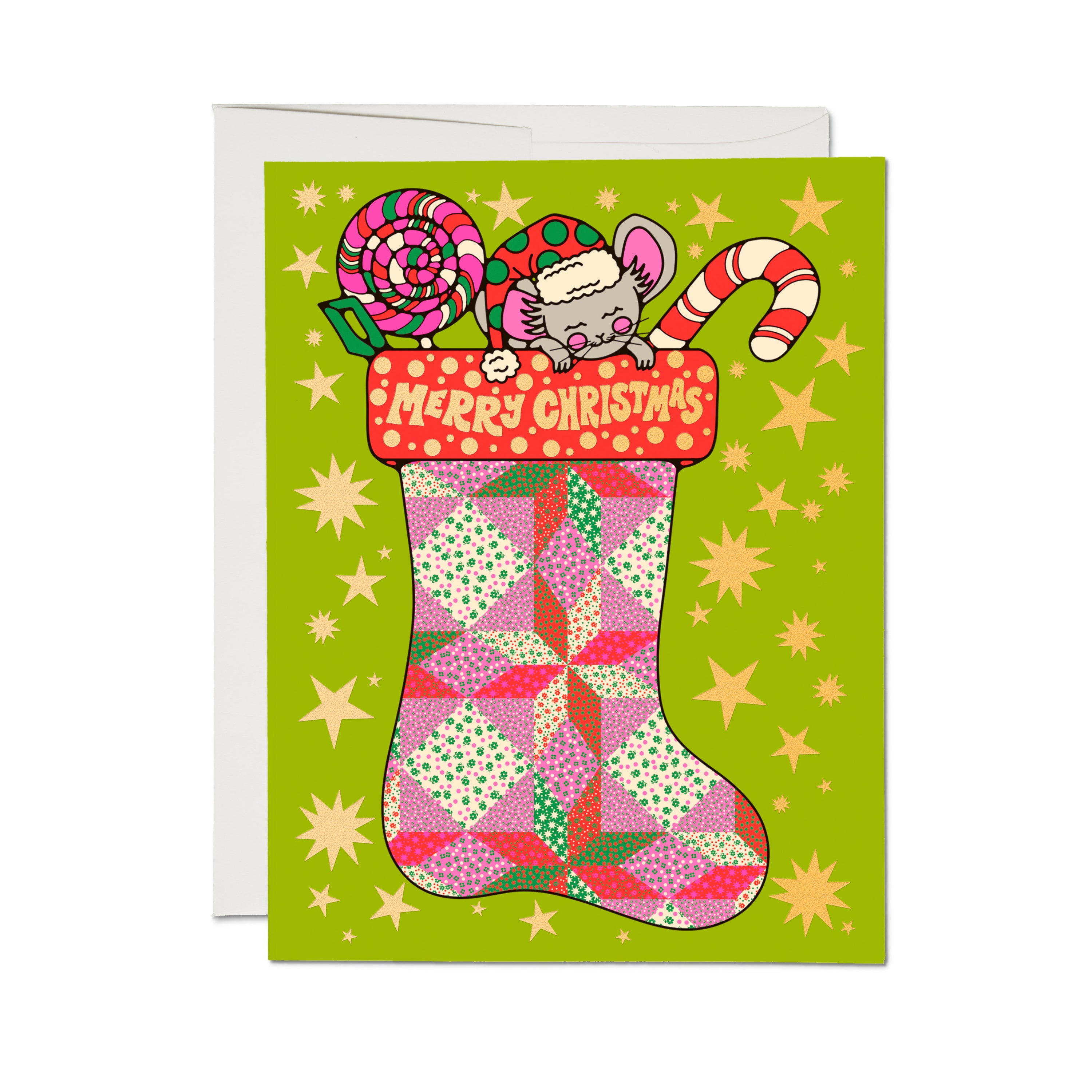 Art Deco Christmas card, pink and red stocking, mouse, candy cane and lollipop, 'Merry Christmas' text, green background.