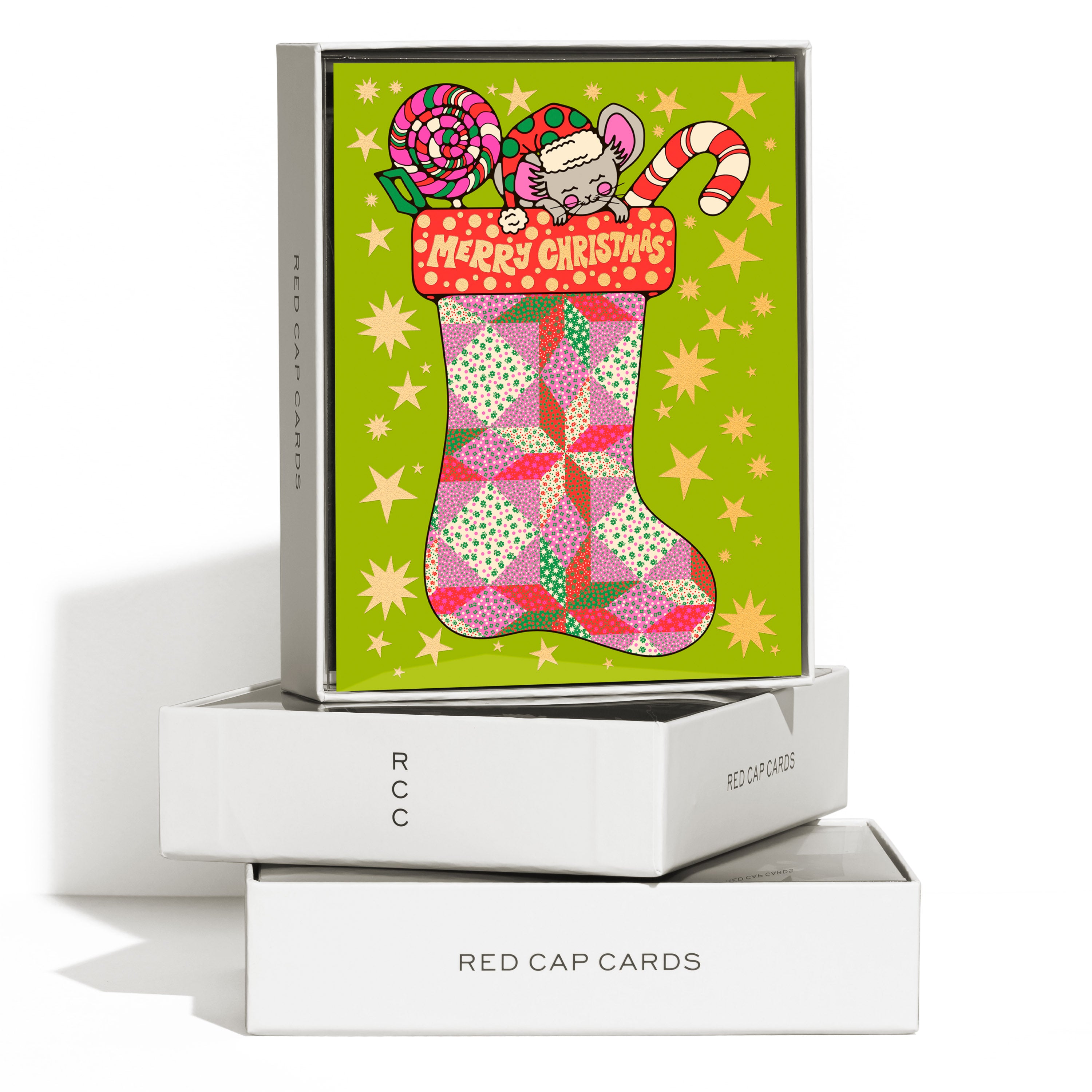Boxed set of 8 Art Deco cards, pink and red stocking, mouse, candy cane, lollipop, 'Merry Christmas' text, green background.