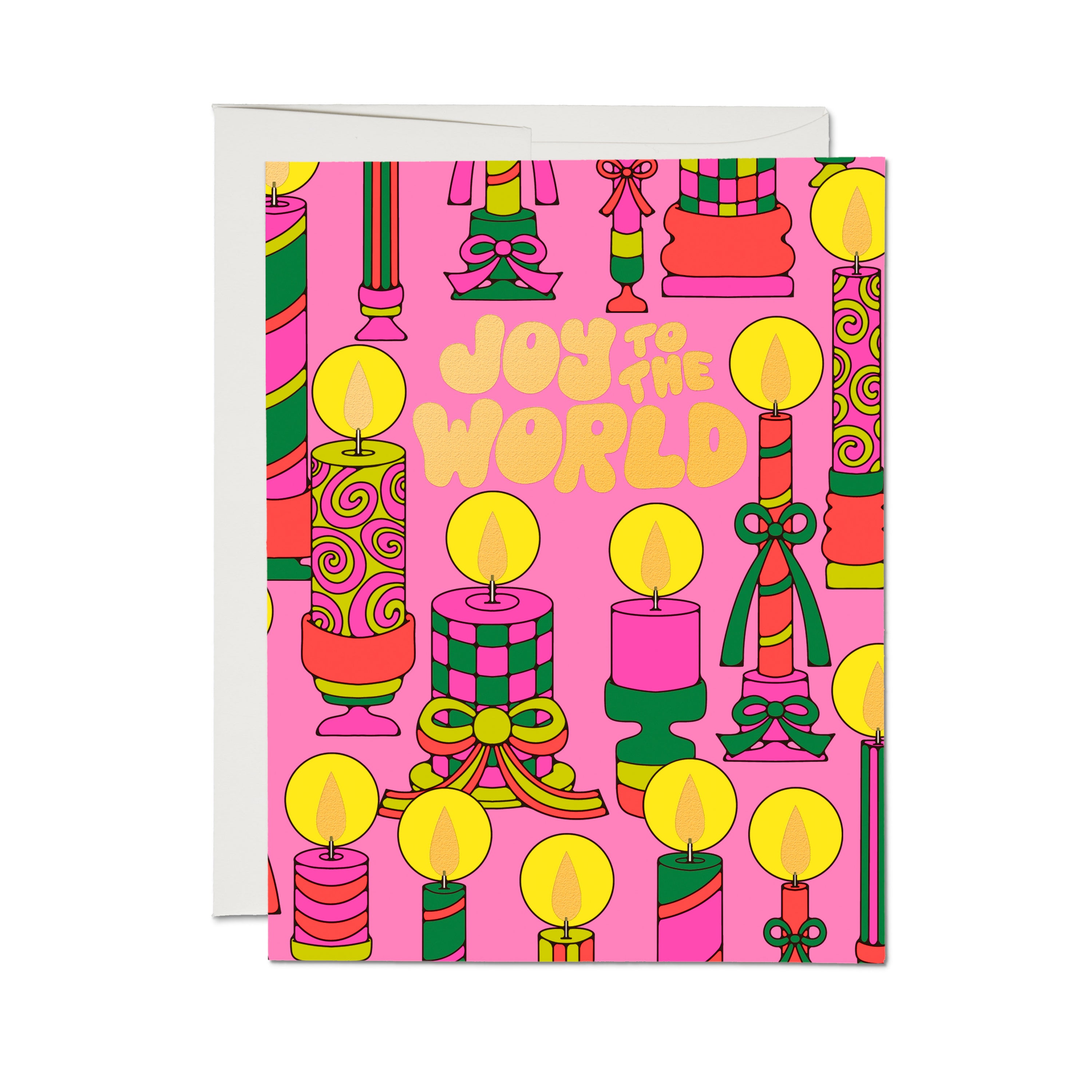 Art deco Christmas card with different illustrated candles and 'Joy to the World' text on pink background.