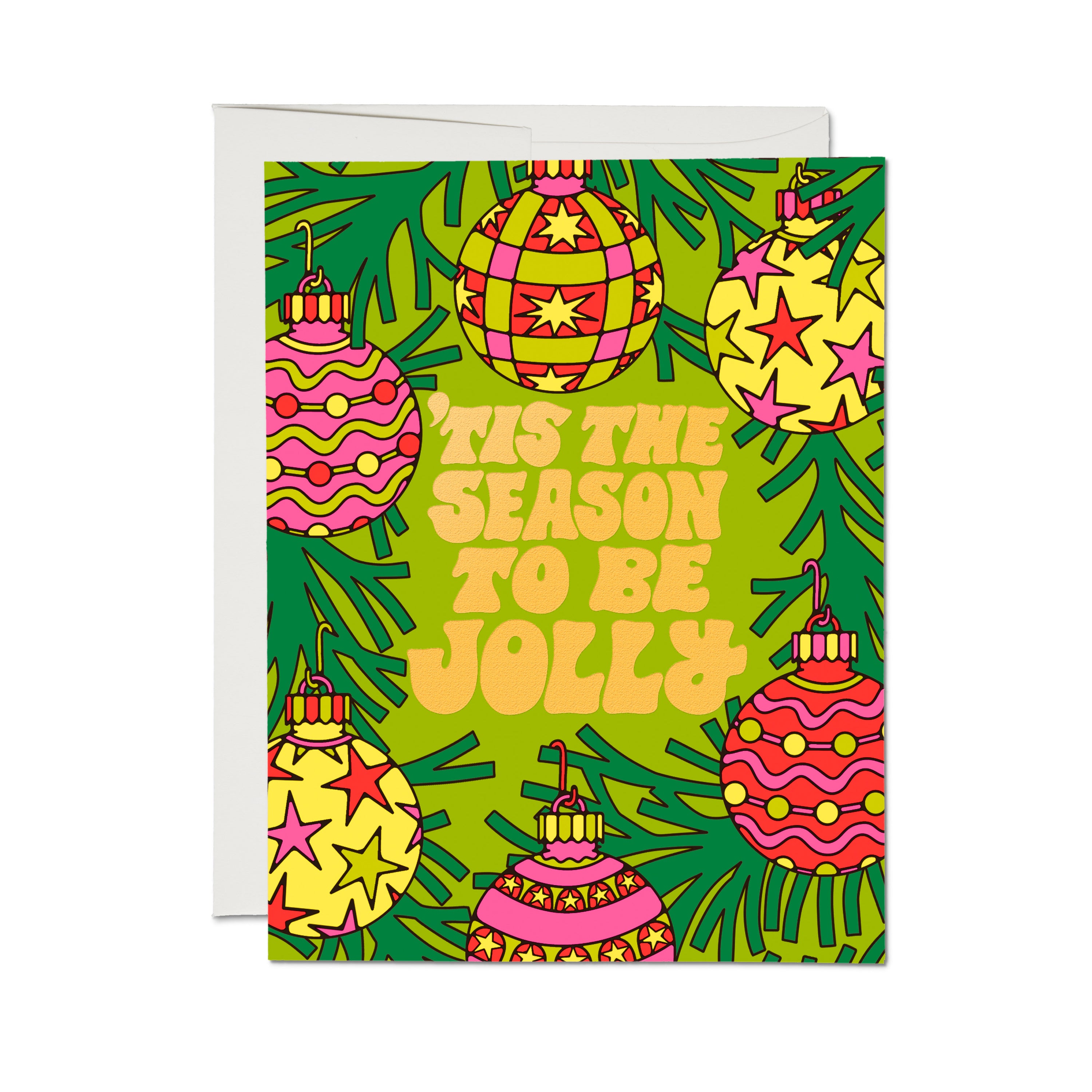 Greeting Card with festive and colorful illustrated baubles and "'Tis the Season to Be Jolly" text on green background.