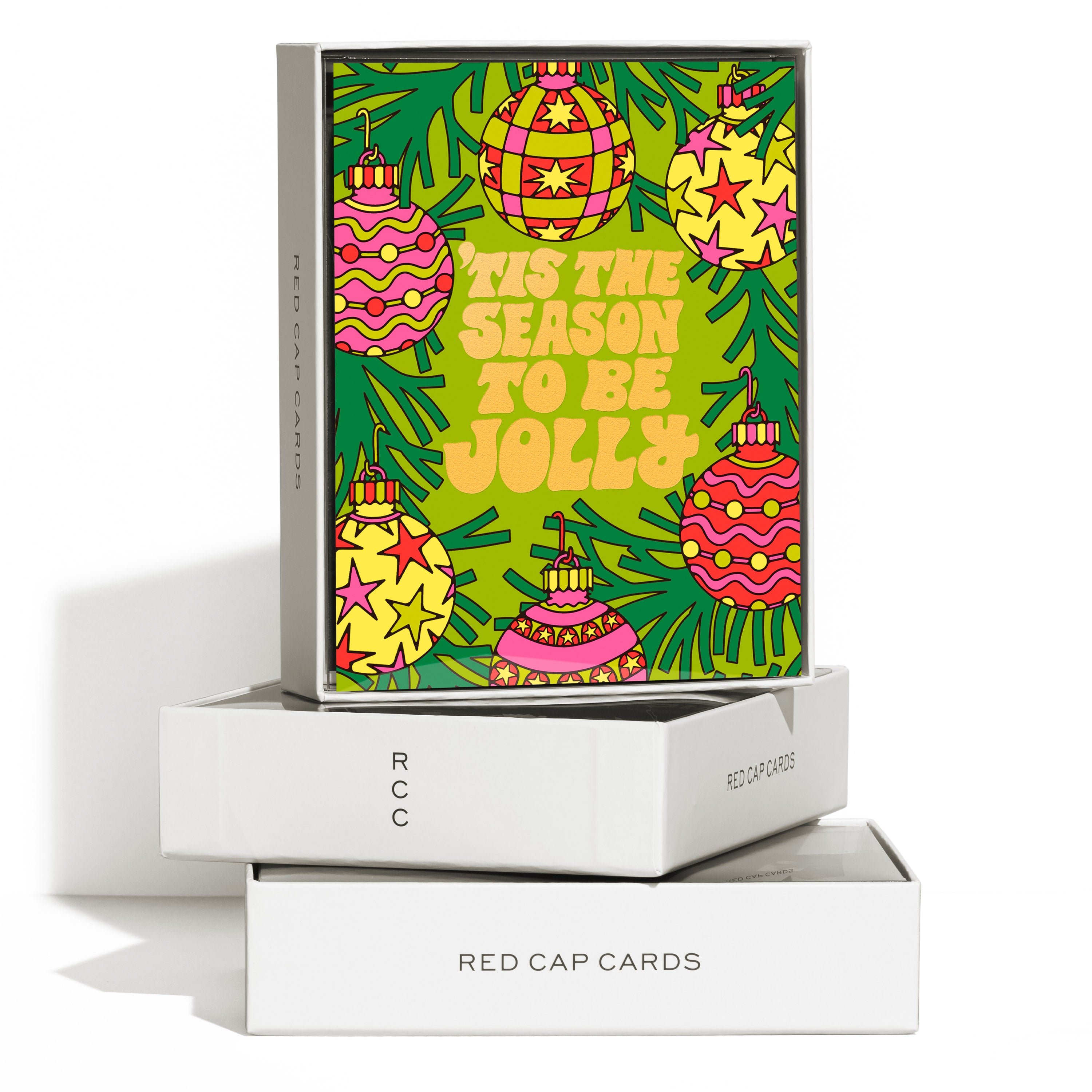 Boxed set of 8 Greeting Cards with colorful illustrated baubles and "'Tis the Season to Be Jolly" text on green background.