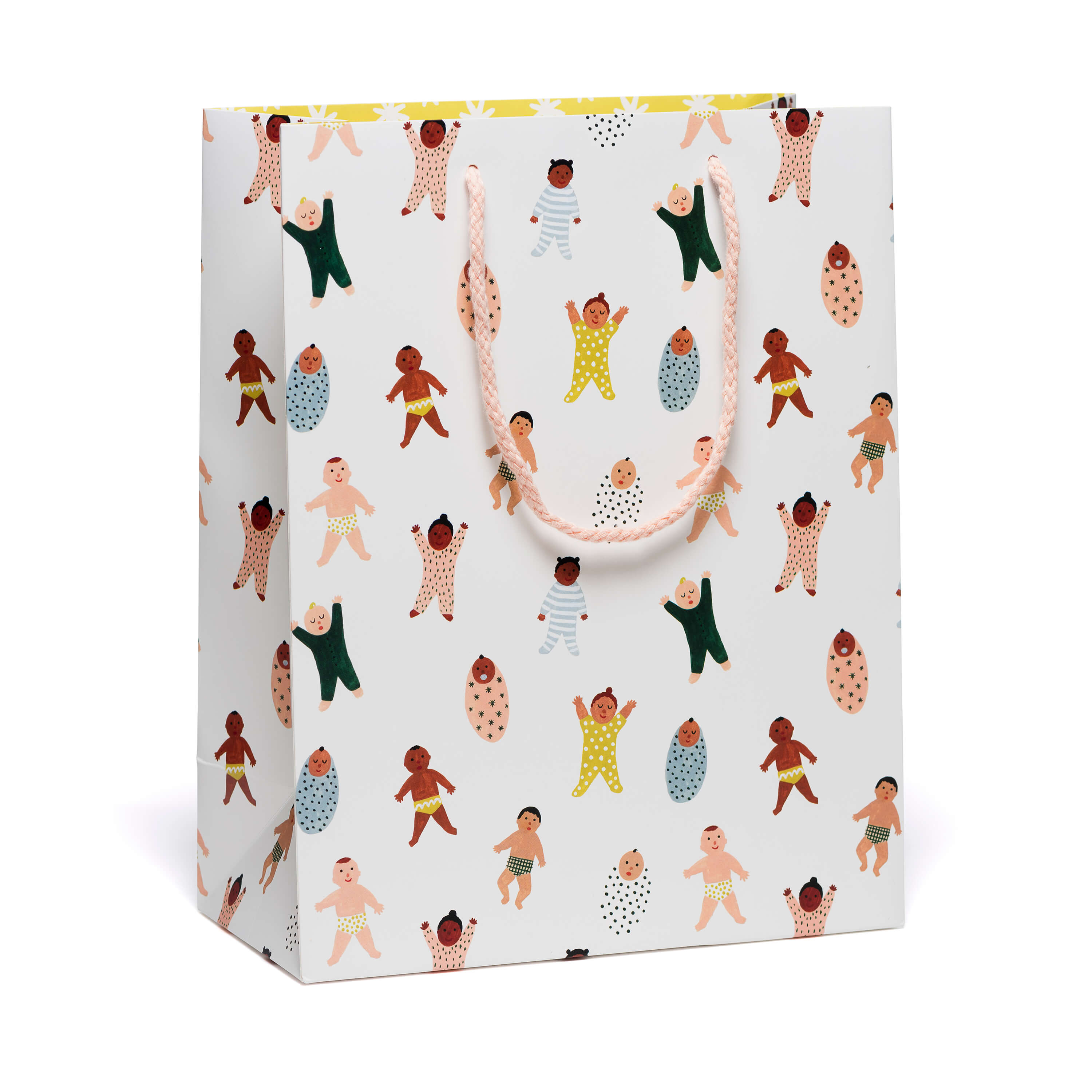 Large paper gift bag with newborn baby pattern design on a white background and peach colored rope handle.