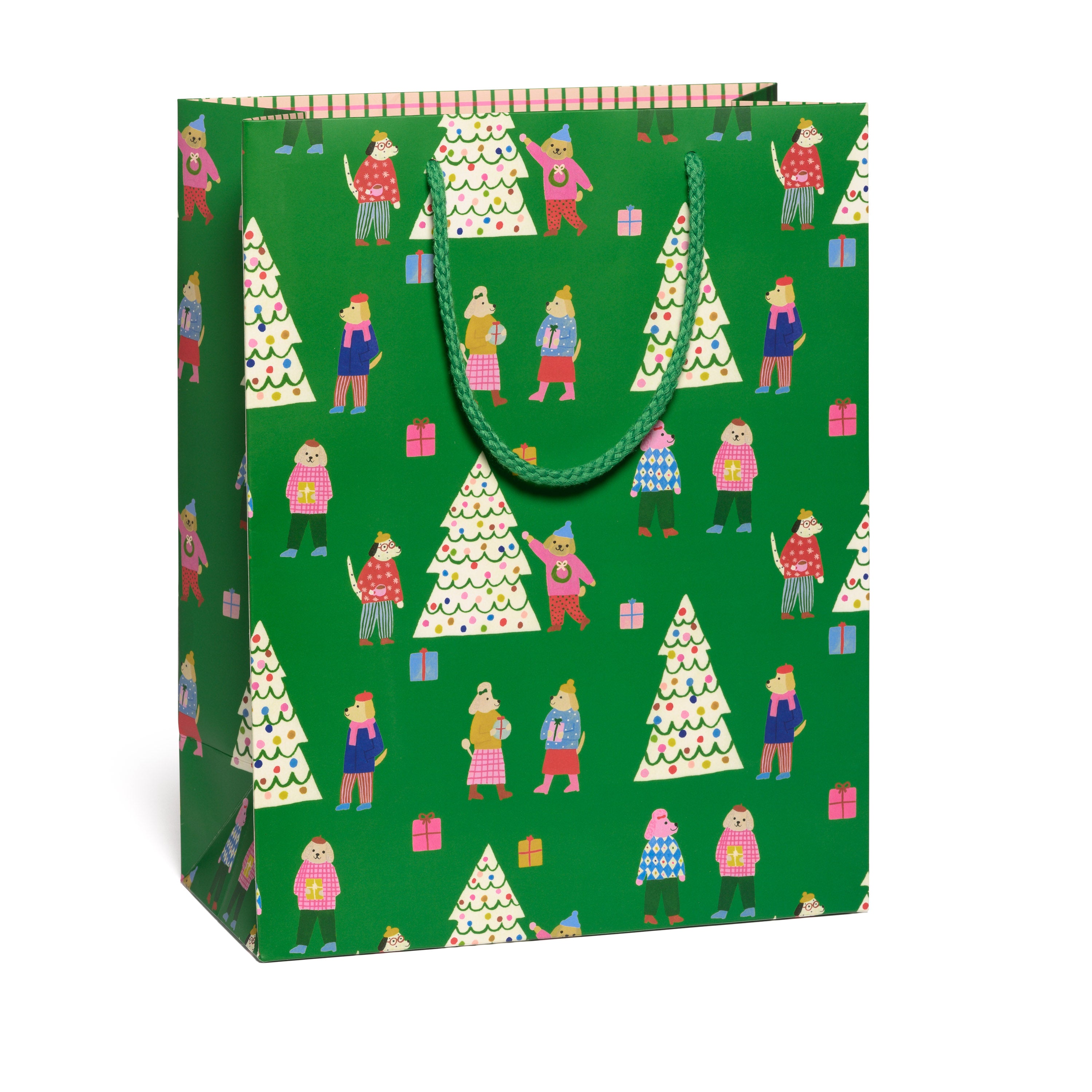 Large holiday gift bag with cartoon dogs decorating Christmas tree and presents design with a green rope.