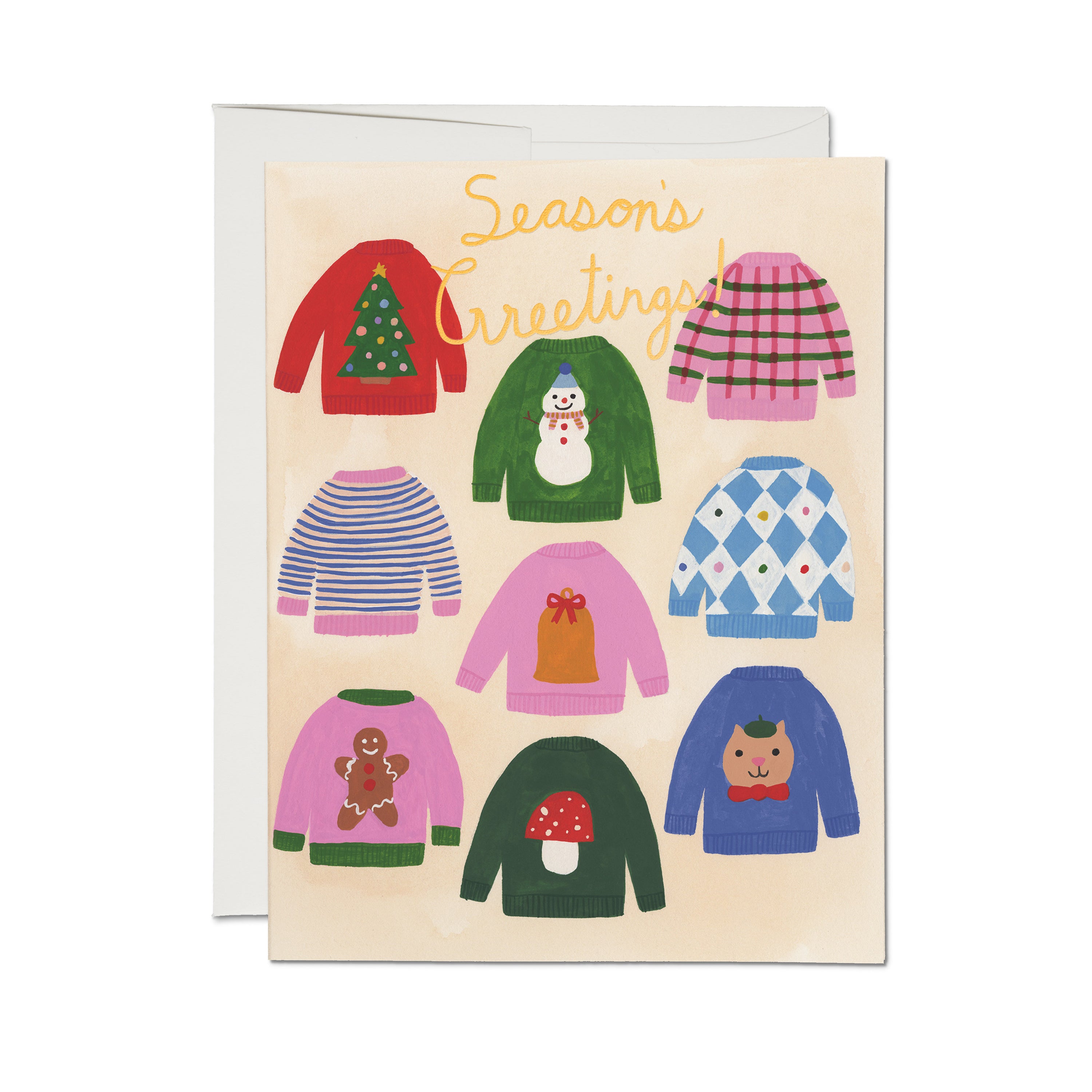 Christmas card featuring various colorful holiday sweaters and 'Season's Greetings!' gold text on white background.