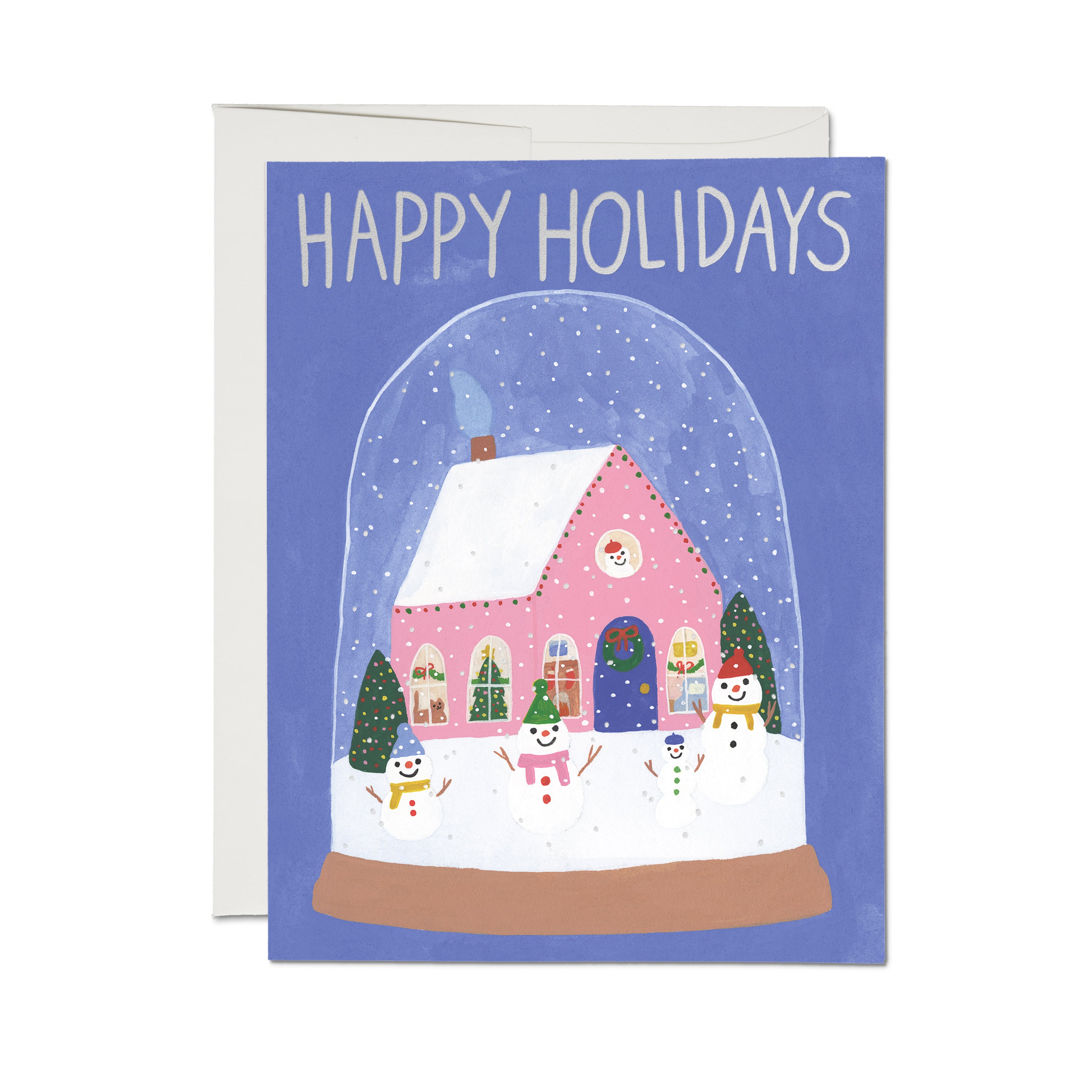 Greeting Card with illustrated snow globe village with snowmen family and pink house and 'Happy Holidays' silver text.