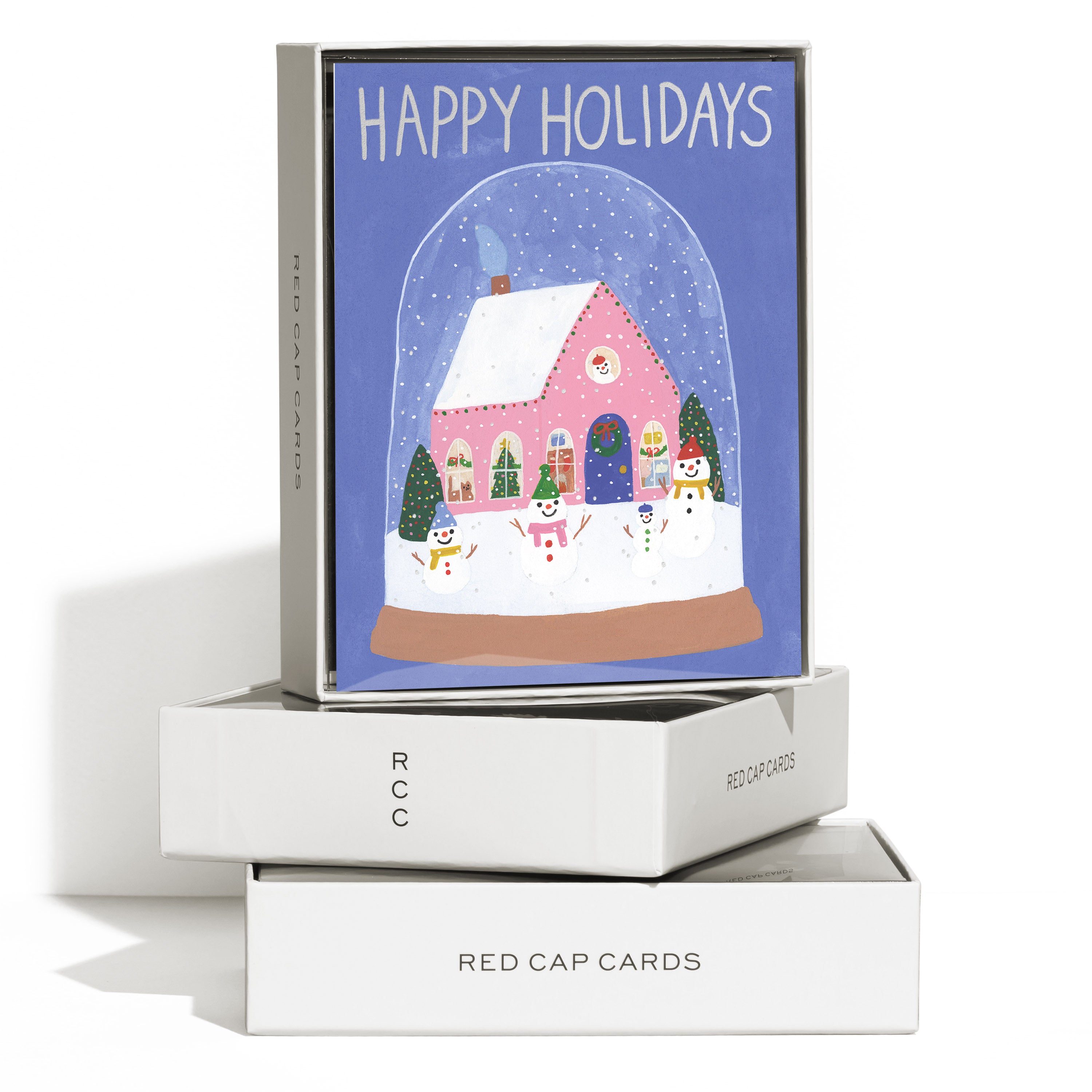 Boxed set of 8 cards with illustrated snowmen family in a snow globe with 'Happy Holidays' text on blue background.