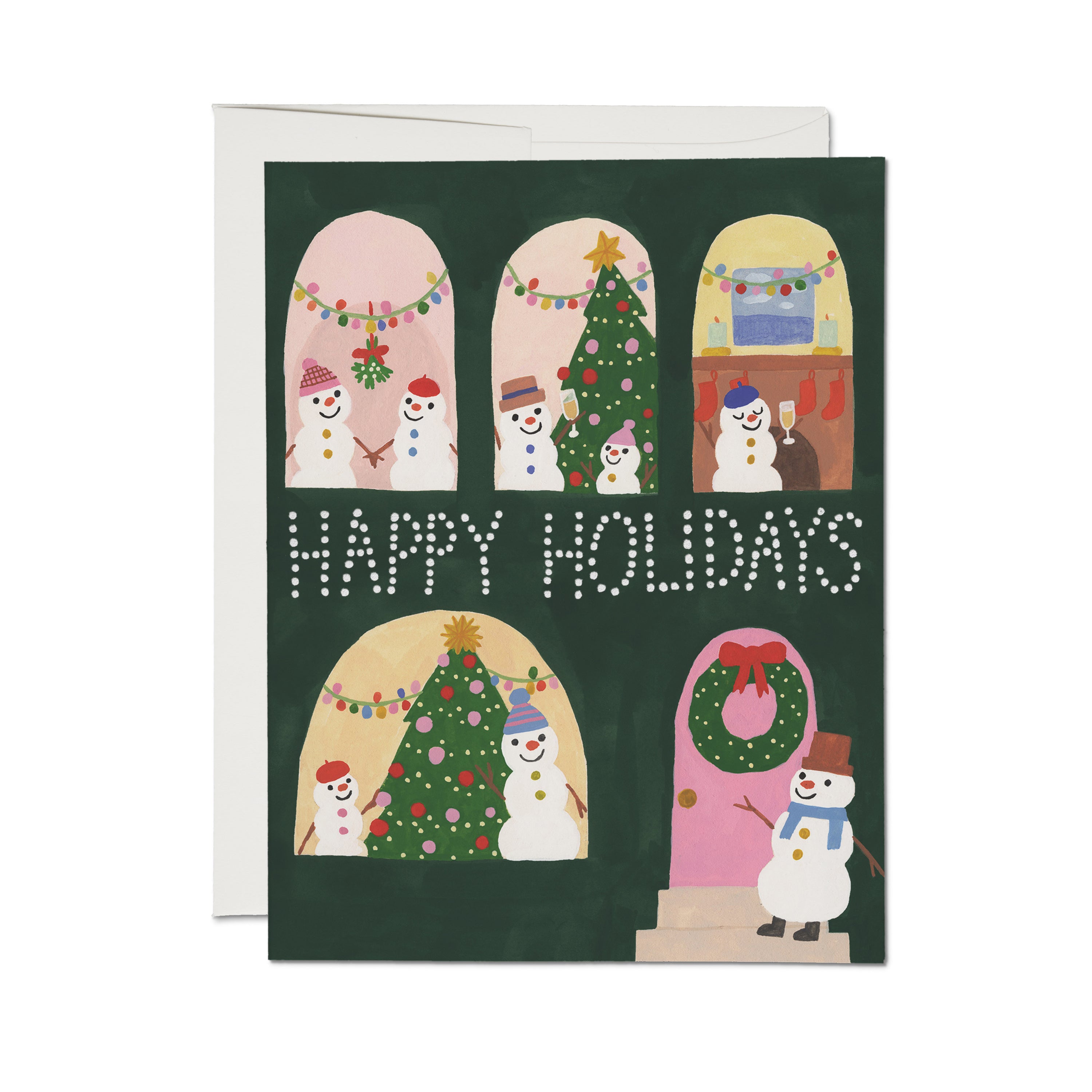Christmas card with cartoon snowman apartment complex depicting different holiday scenes and 'Happy Holidays text.