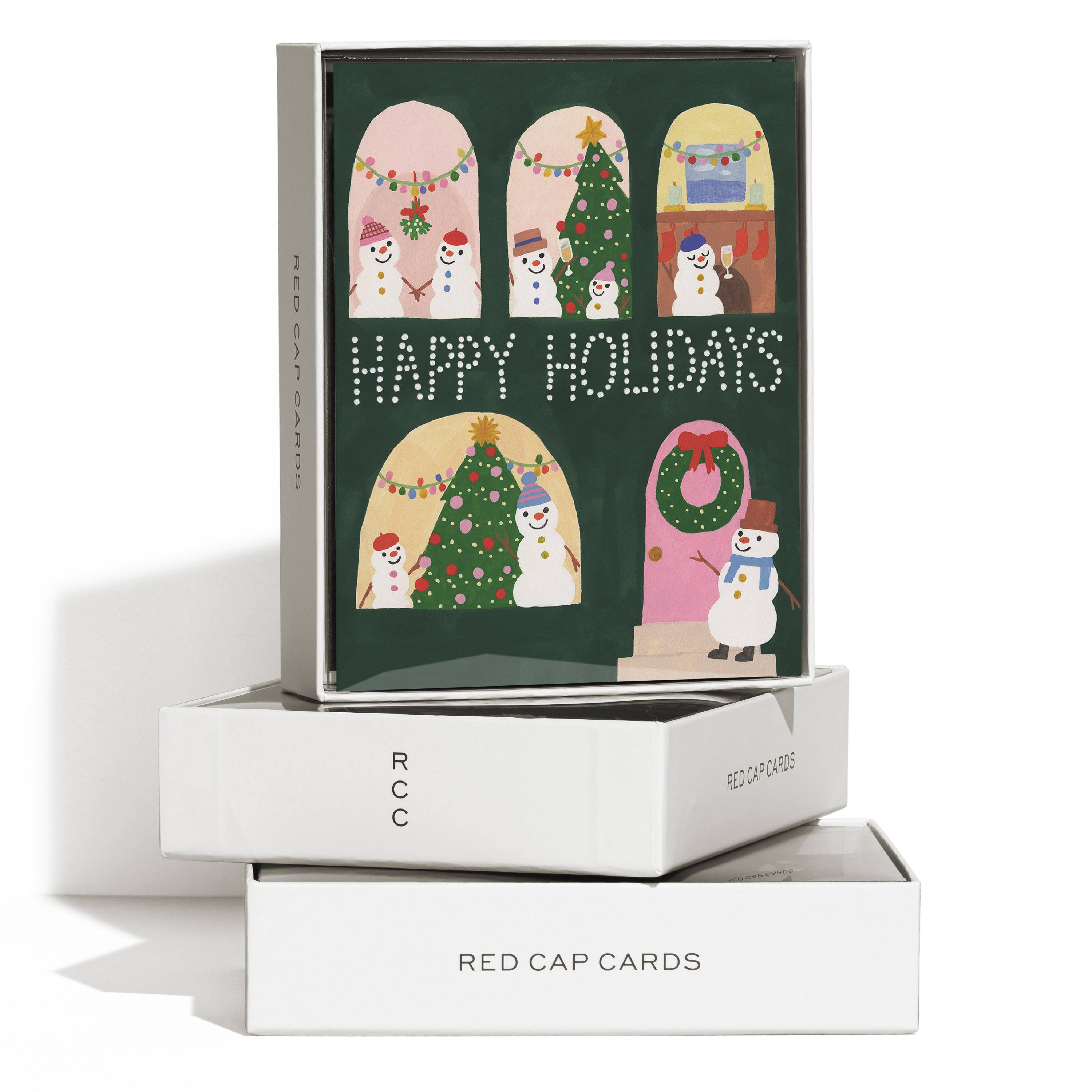 Set of 8 Christmas cards with cartoon snowman apartment complex depicting different holiday scenes and 'Happy Holidays text.