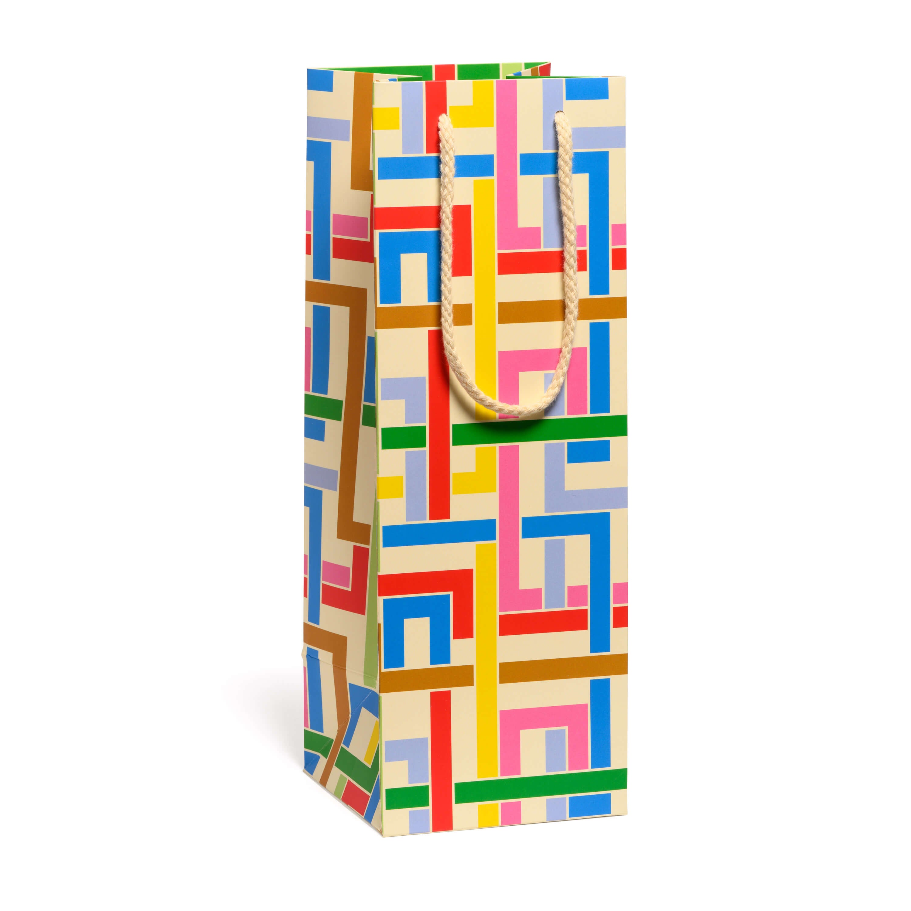 Colorful geometric patterned wine bag with beige rope handle on a white background.